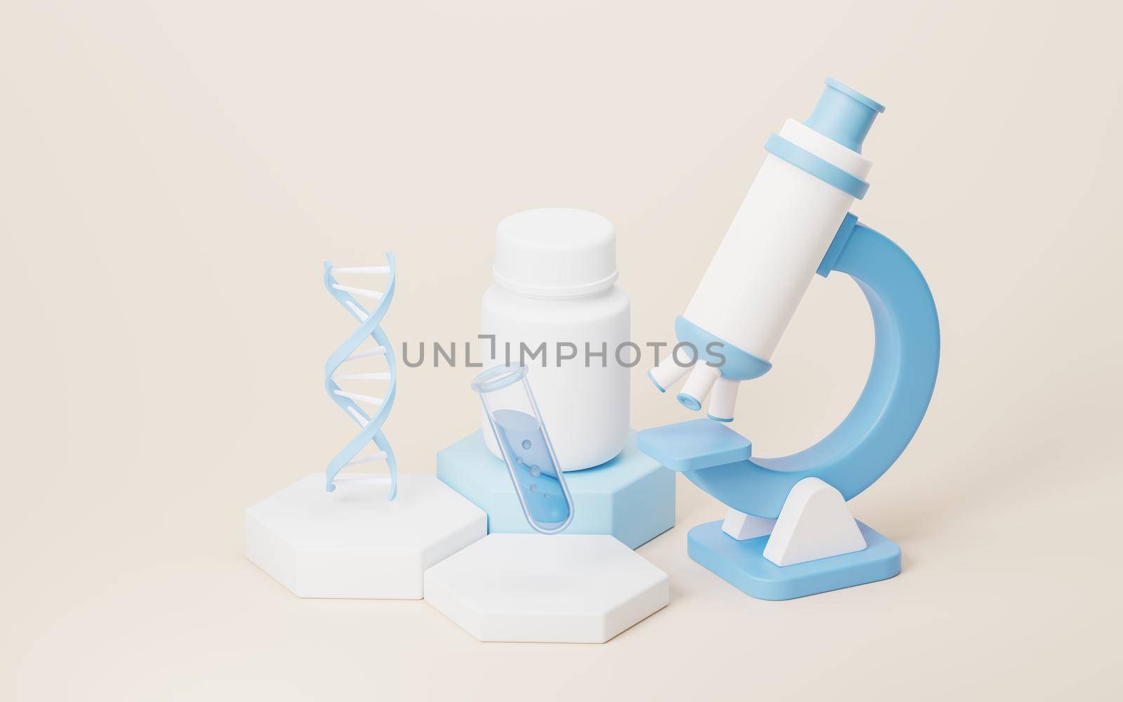 3D cartoon style microscope and biotechnology concept, 3d rendering. Computer digital drawing.