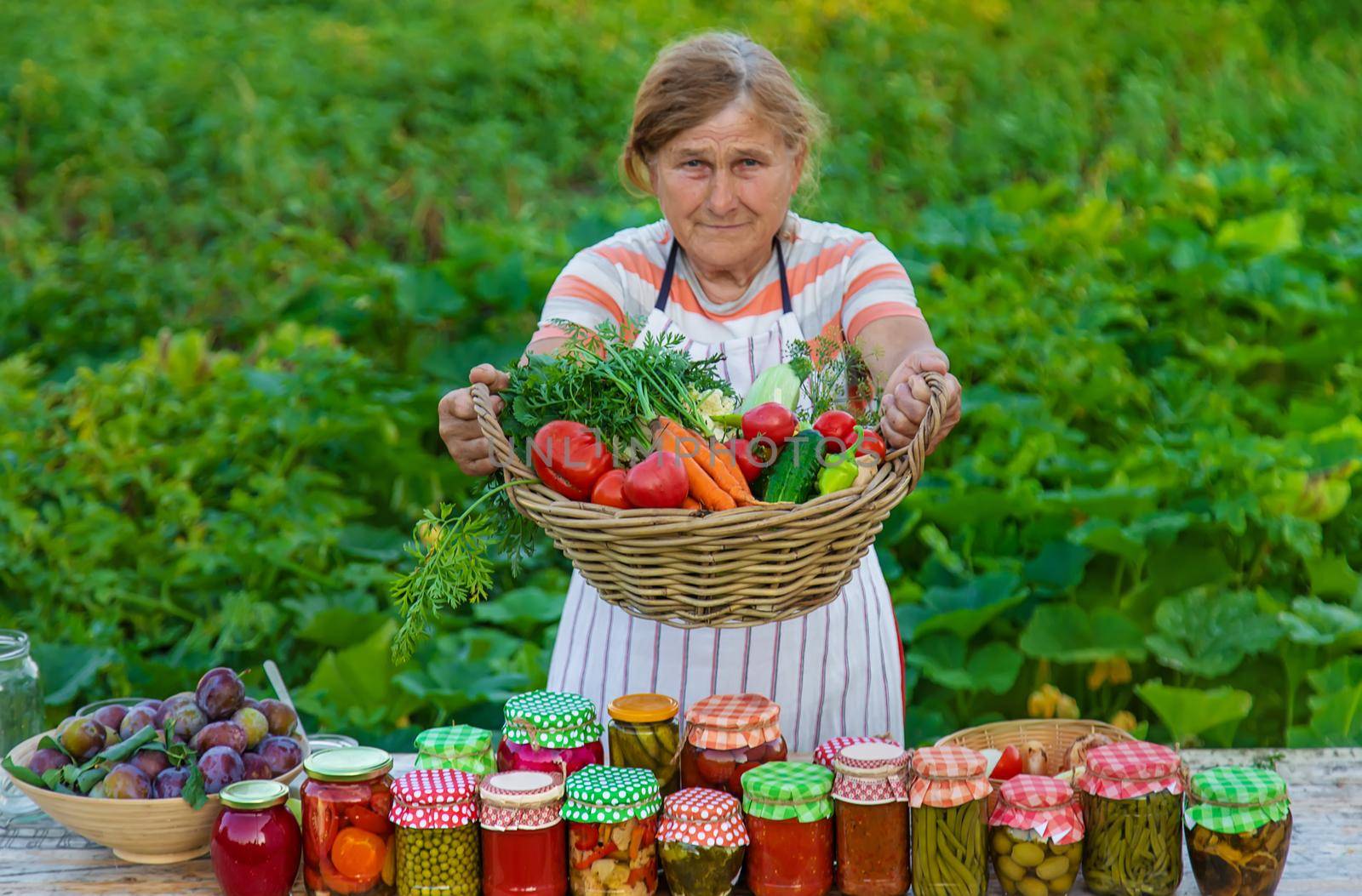 Senior woman preserving vegetables in jars. Selective focus. Food.