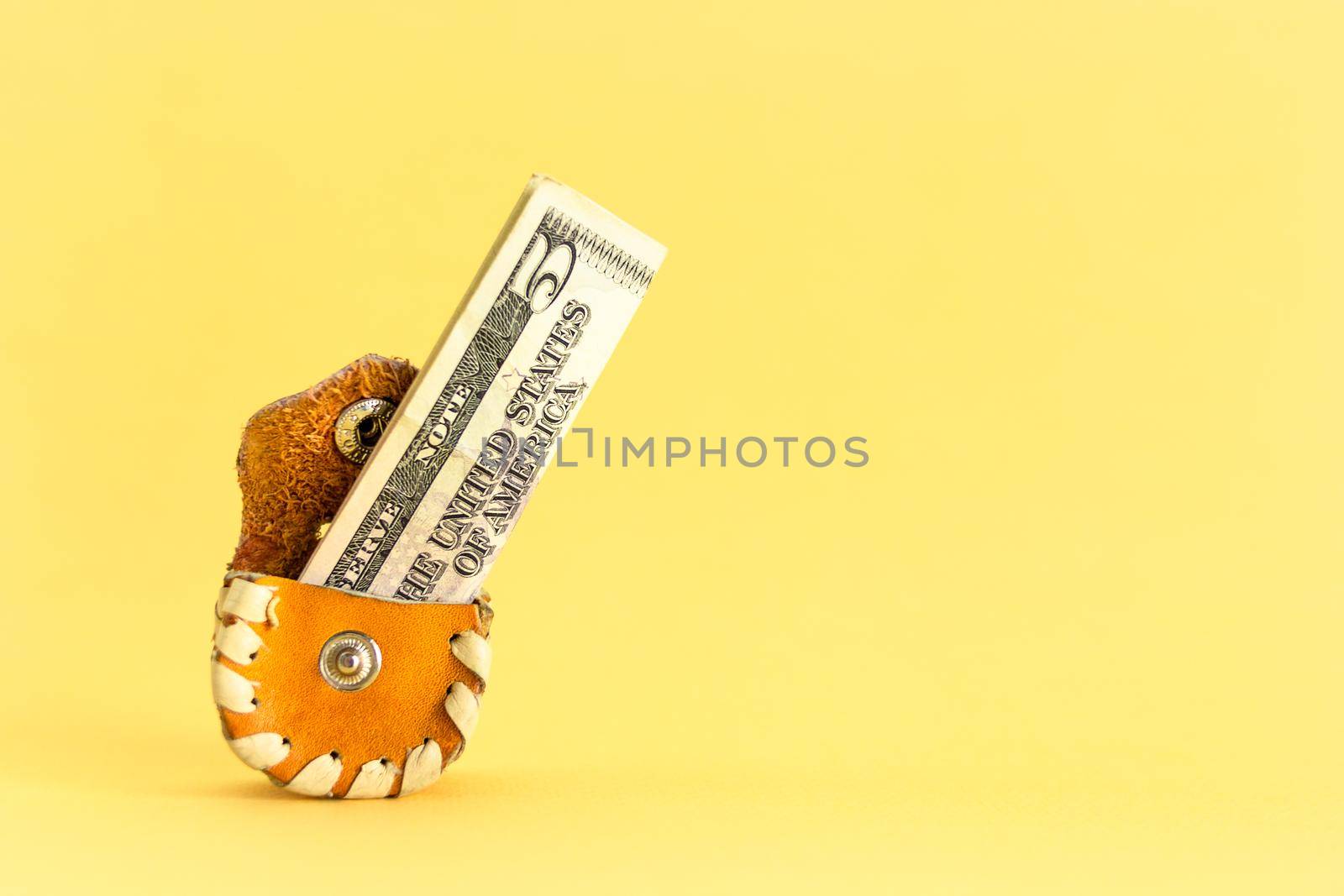 American five dollar bill in cute wallet on yellow, symbol of overflowing piggy bank, concept of little money or financial expansion, bright image with copy space