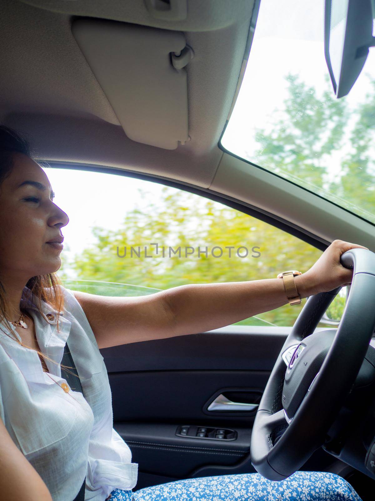 Beautiful business lady driving her car a cloudy day in summertime
