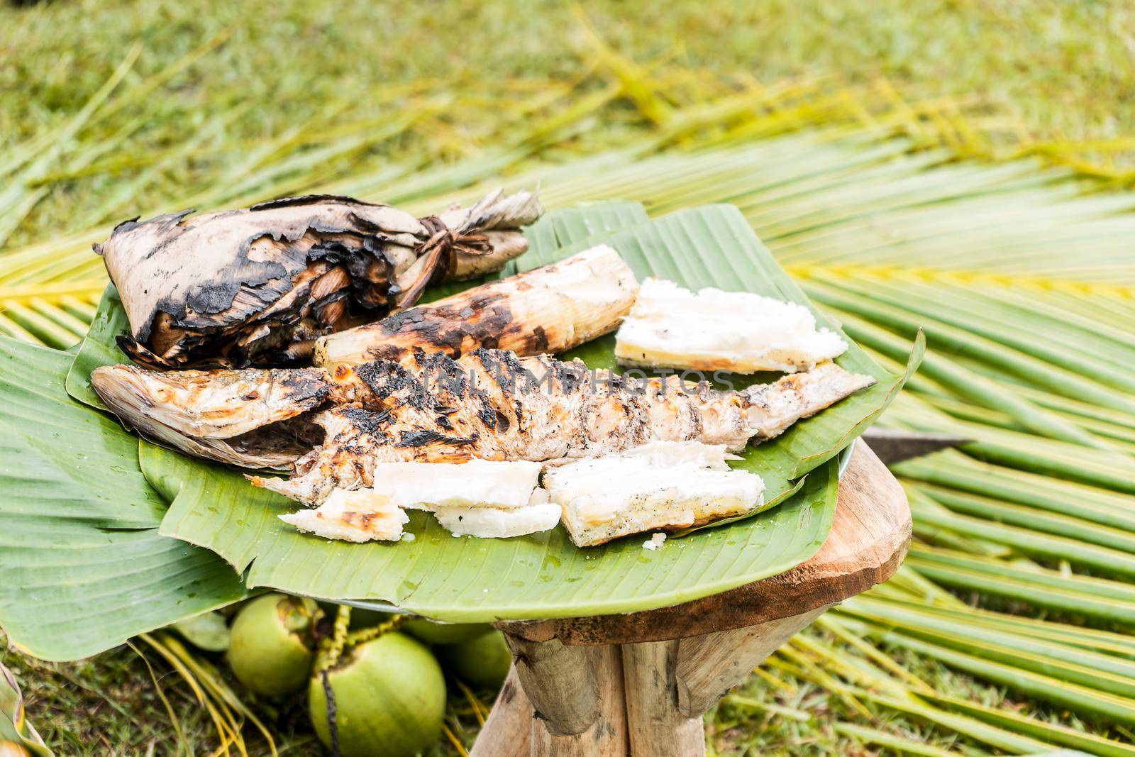 Smoked and grilled fish and cassava, traditional food of the indigenous peoples of Nicaragua Central America