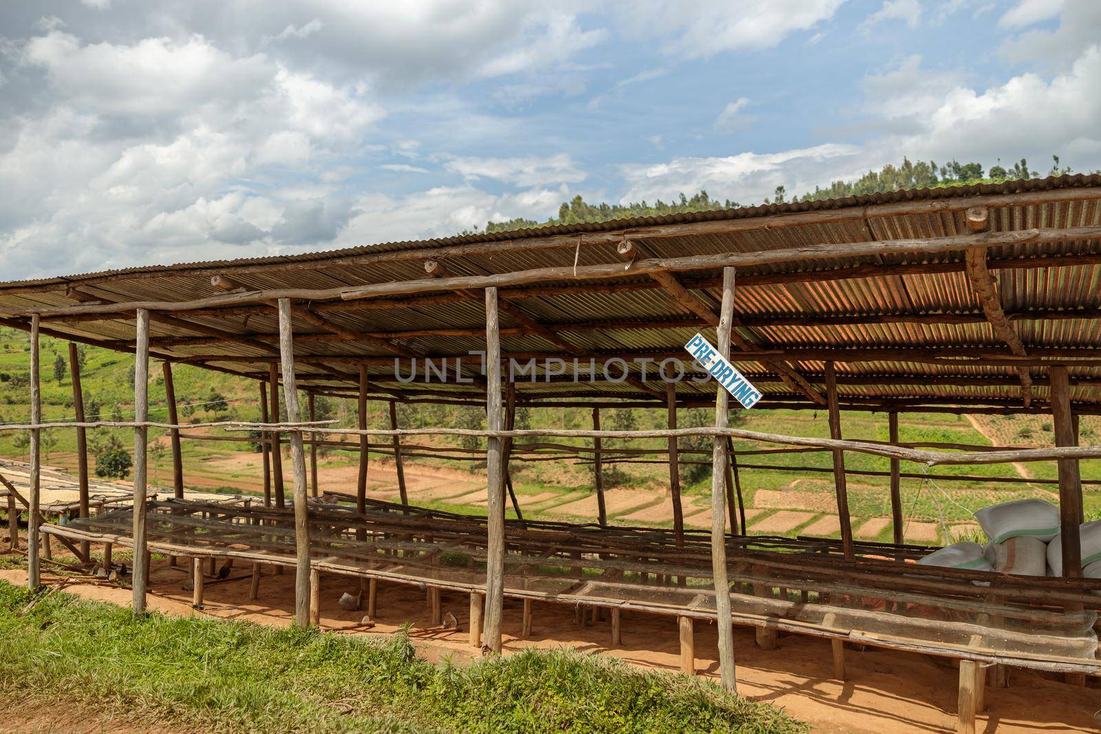 Wooden racks at pre-drying station at coffee farm in Africa