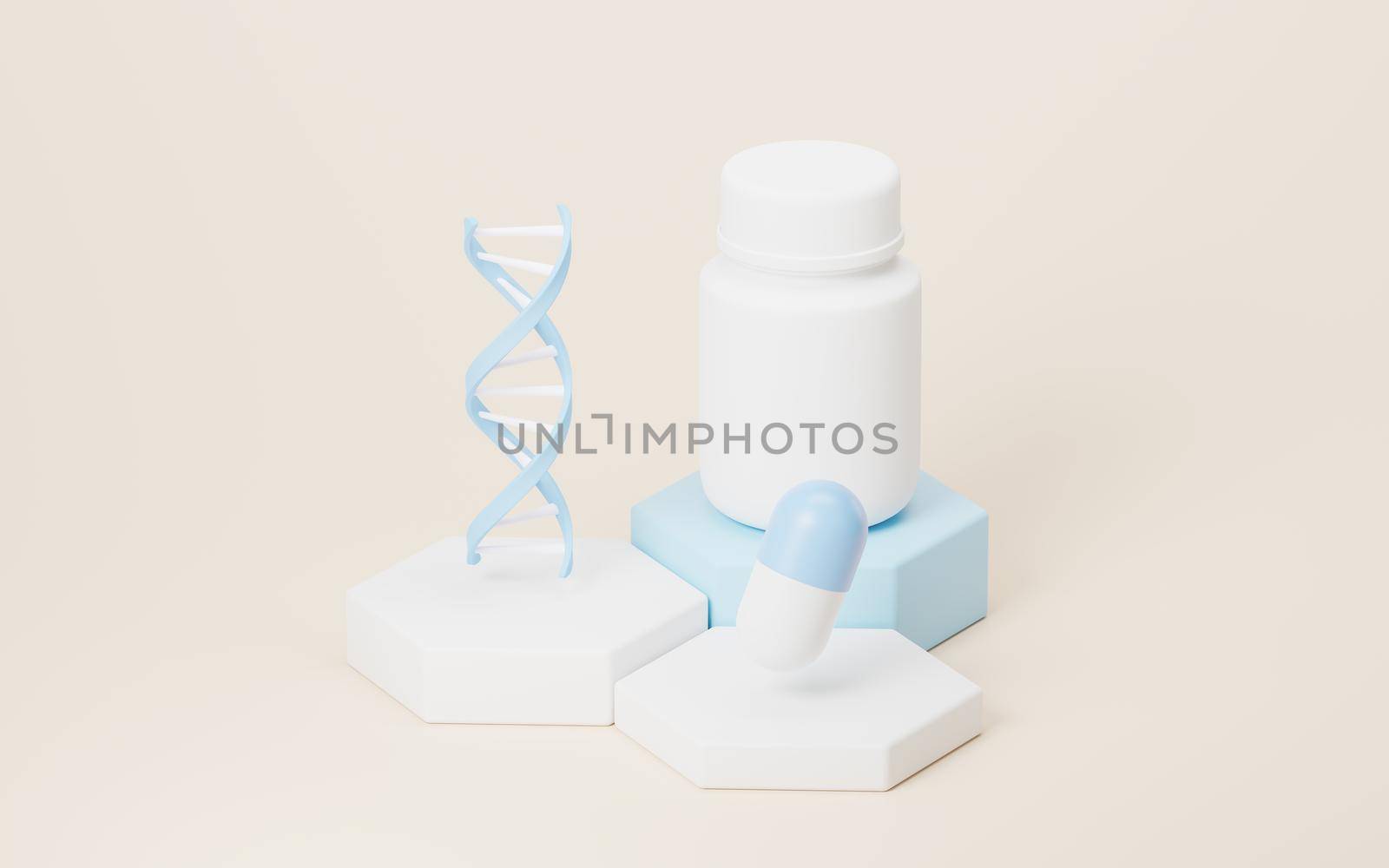 DNA and pharmaceutical concept, 3d rendering. Computer digital drawing.