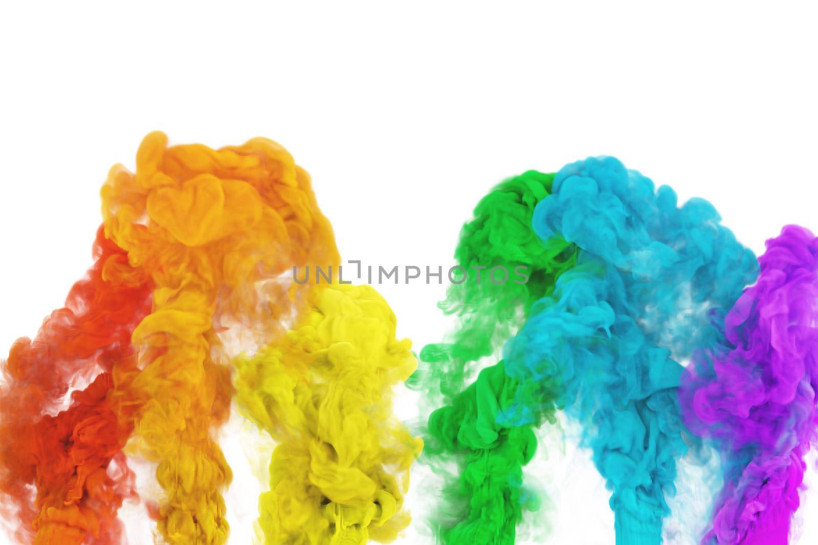 Fantastic rainbow color fontaines of smoke puffs in white background. Color 3D render abstract fog texture on a white background for social fest and fan party