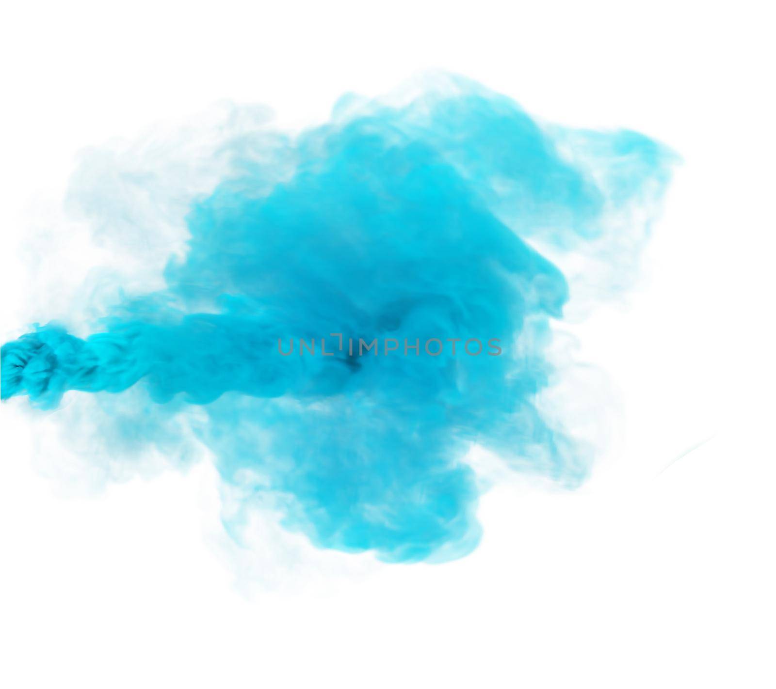 Azure blue plume of smoke. Marine blue 3D render abstract fog texture on a white background for fest and fan party decoration