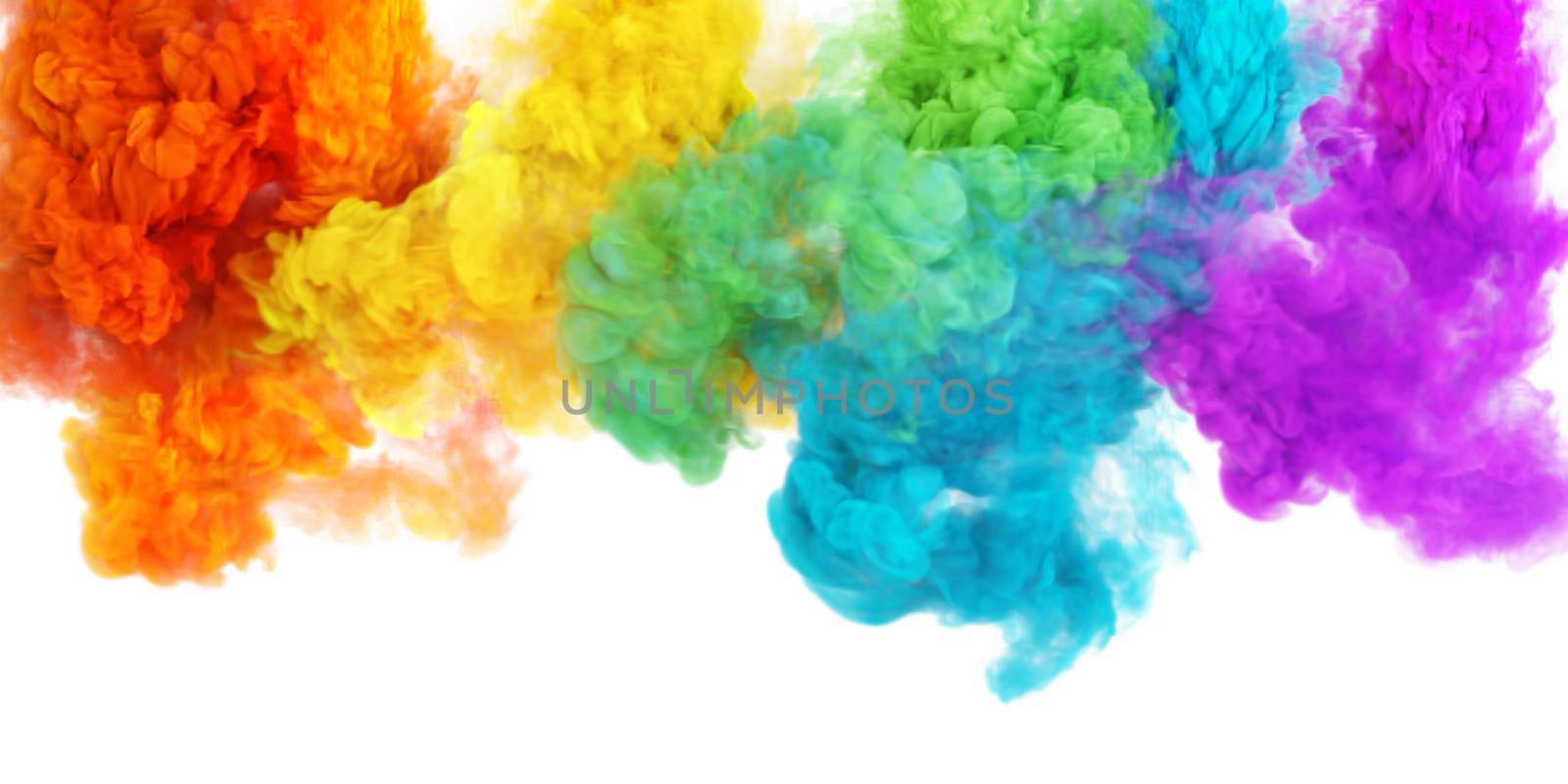Fantastic rainbow color puffs of smoke or fog in white background. Color 3D render abstract fog texture on a white background for social fest and fan party