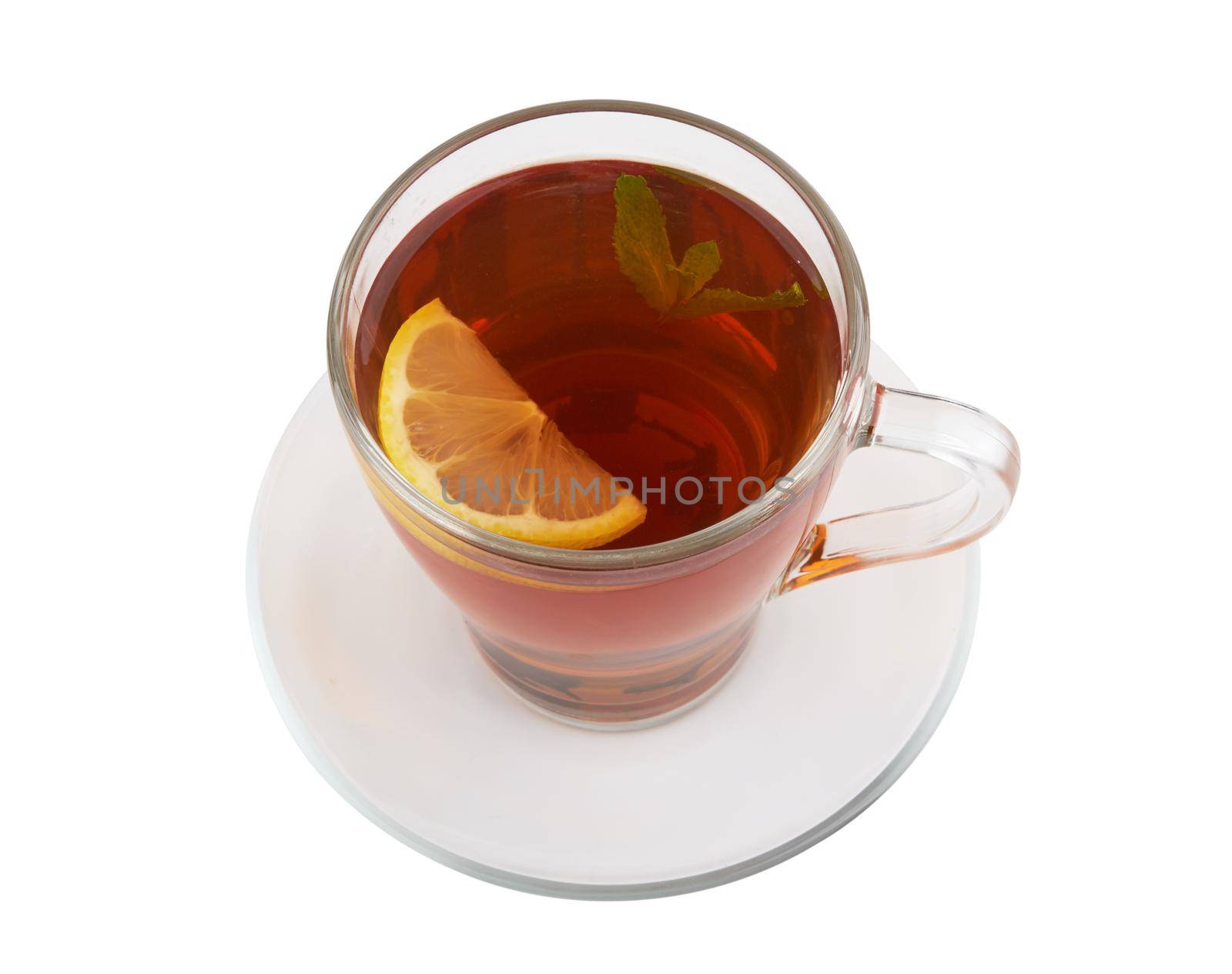 Black tea with lemon isolated on white background