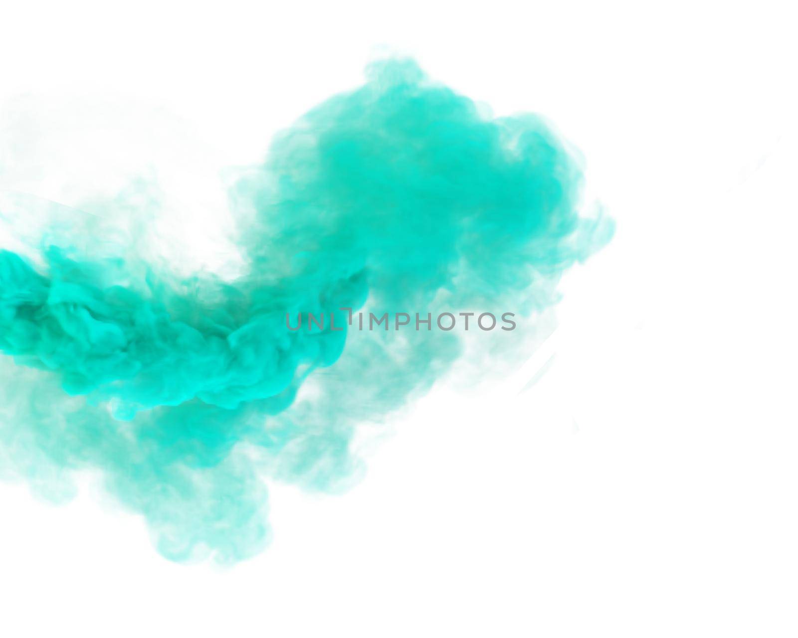 Menthol green plume of smoke. Marine green 3D render abstract fog texture on a white background for fest and fan party decoration