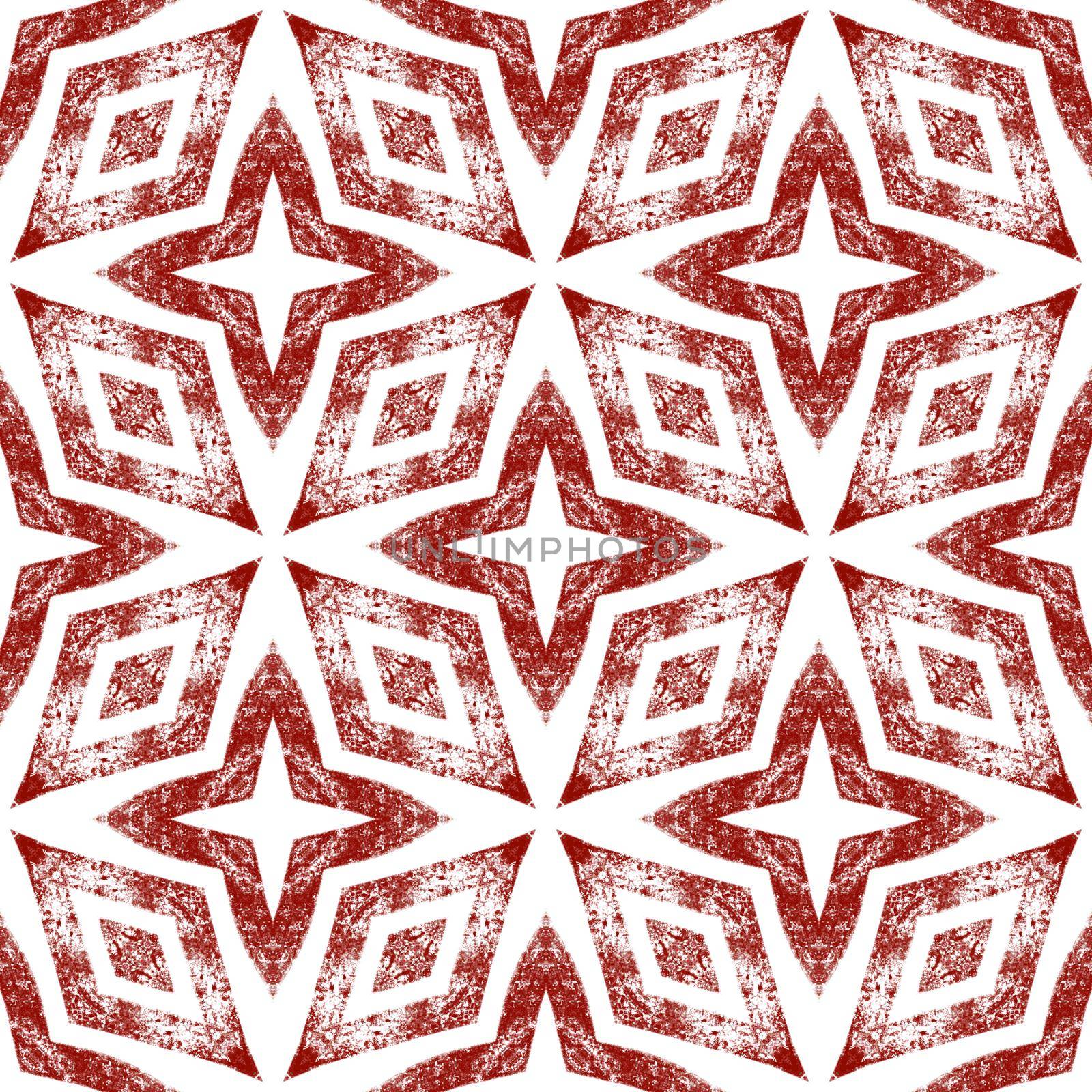 Tiled watercolor pattern. Wine red symmetrical kaleidoscope background. Hand painted tiled watercolor seamless. Textile ready immaculate print, swimwear fabric, wallpaper, wrapping.
