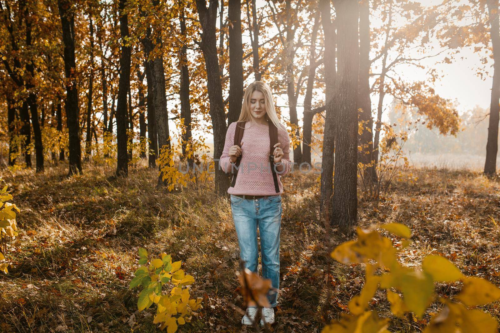Female tourist with a backpack Stopped in a sunny autumn forest, young woman stands admiring the beauty of nature by LipikStockMedia