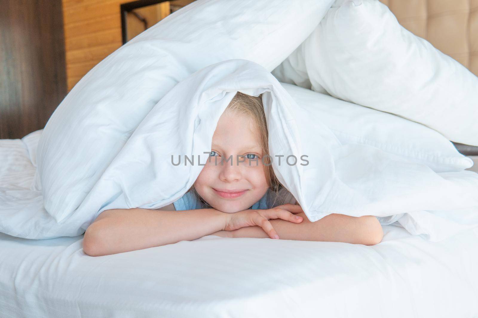 Over head sleep girl pain blanket phone young beautiful view, concept morning white from pillow from health calm, bedding healthy. Light face day, by 89167702191