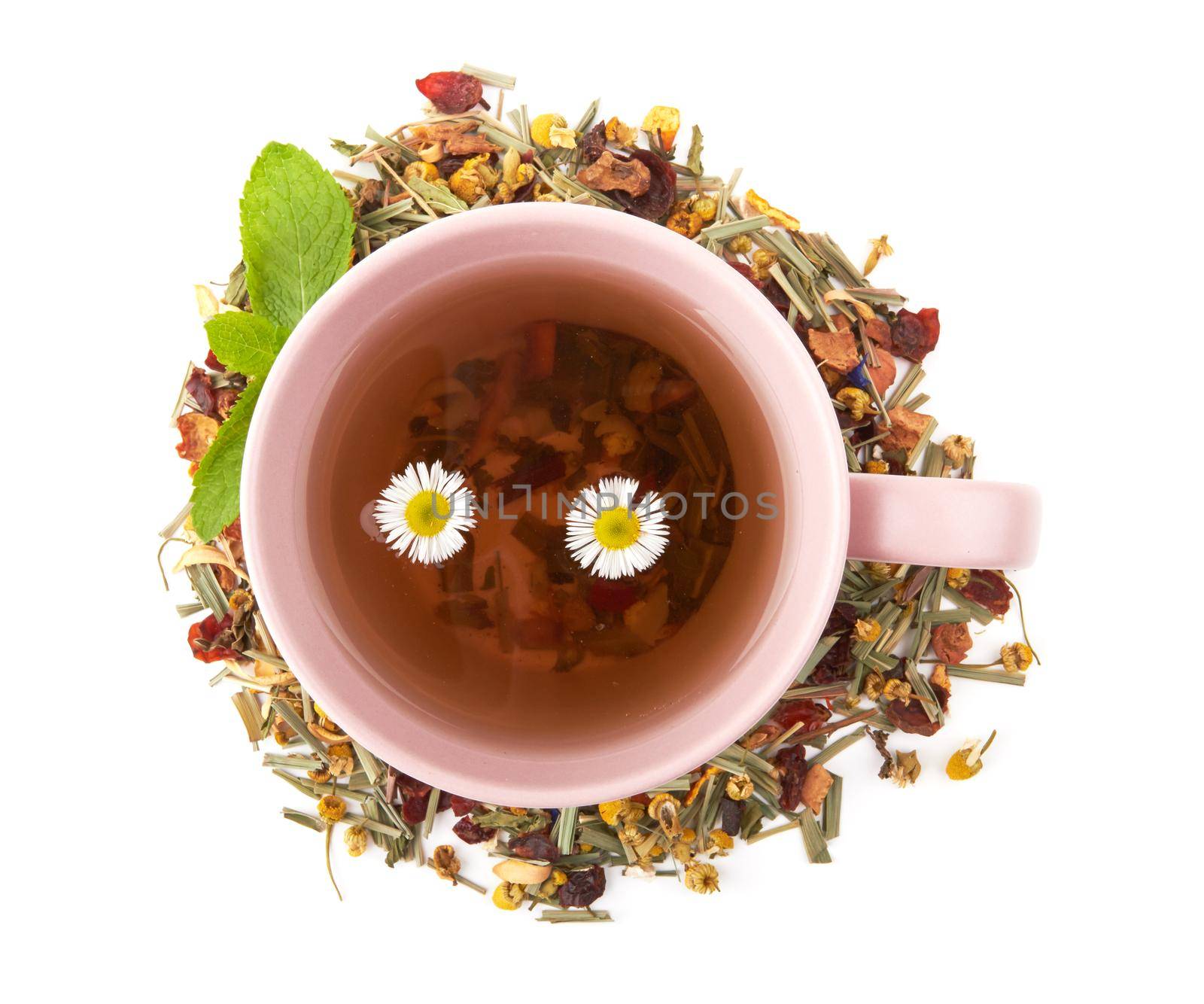 Cup of hot herbal tea isolated on white background