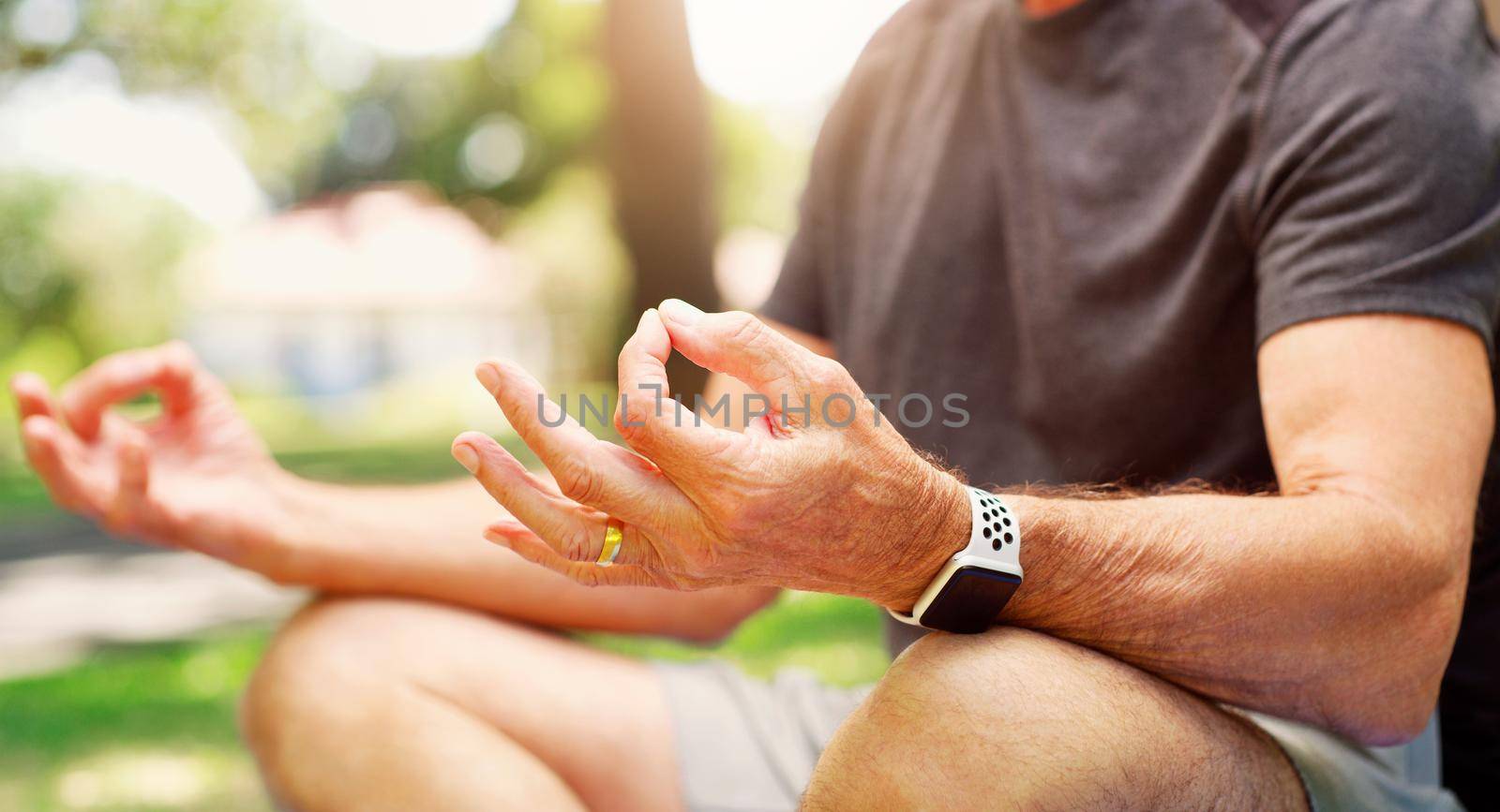 Meditation is the secret behind his excellent health. an unreccognizable senior man meditating at the park. by YuriArcurs