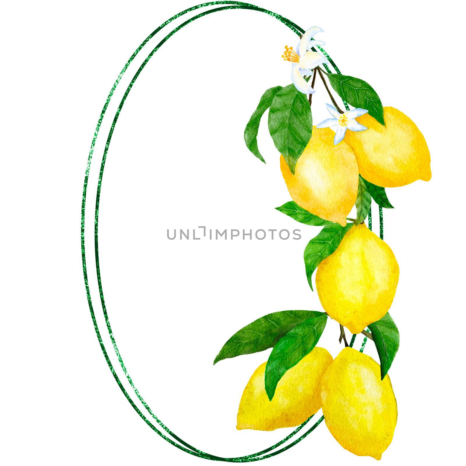 Watercolor hand drawn frame poster with yellow lemons and green leaves. Summer fruit citrus border with modern minimalist glitter lines for wedding cards invitations, nature design illustration. by Lagmar