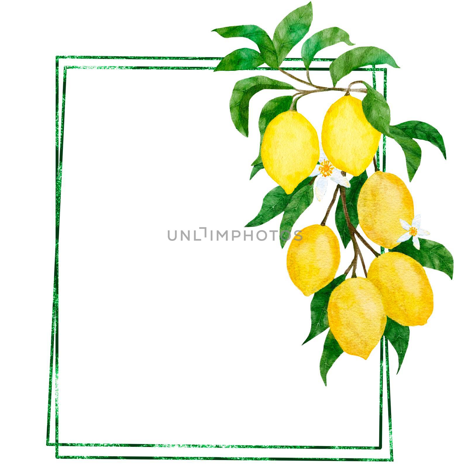 Watercolor hand drawn frame poster with yellow lemons and green leaves. Summer fruit citrus border with modern glitter lines for wedding cards invitations, nature design illustration
