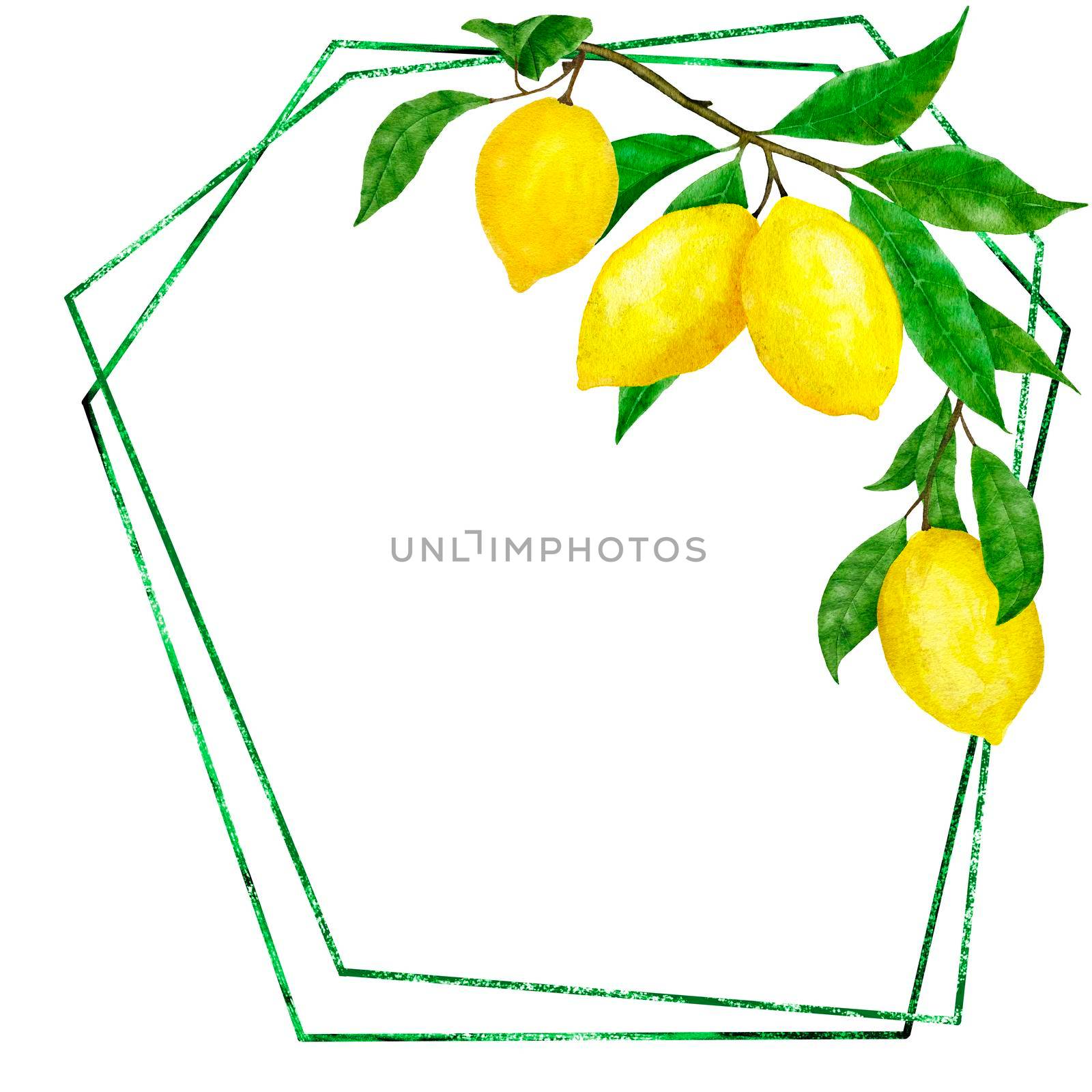 Watercolor hand drawn frame poster with yellow lemons and green leaves. Summer fruit citrus border with modern minimalist glitter lines for wedding cards invitations, nature design illustration. by Lagmar