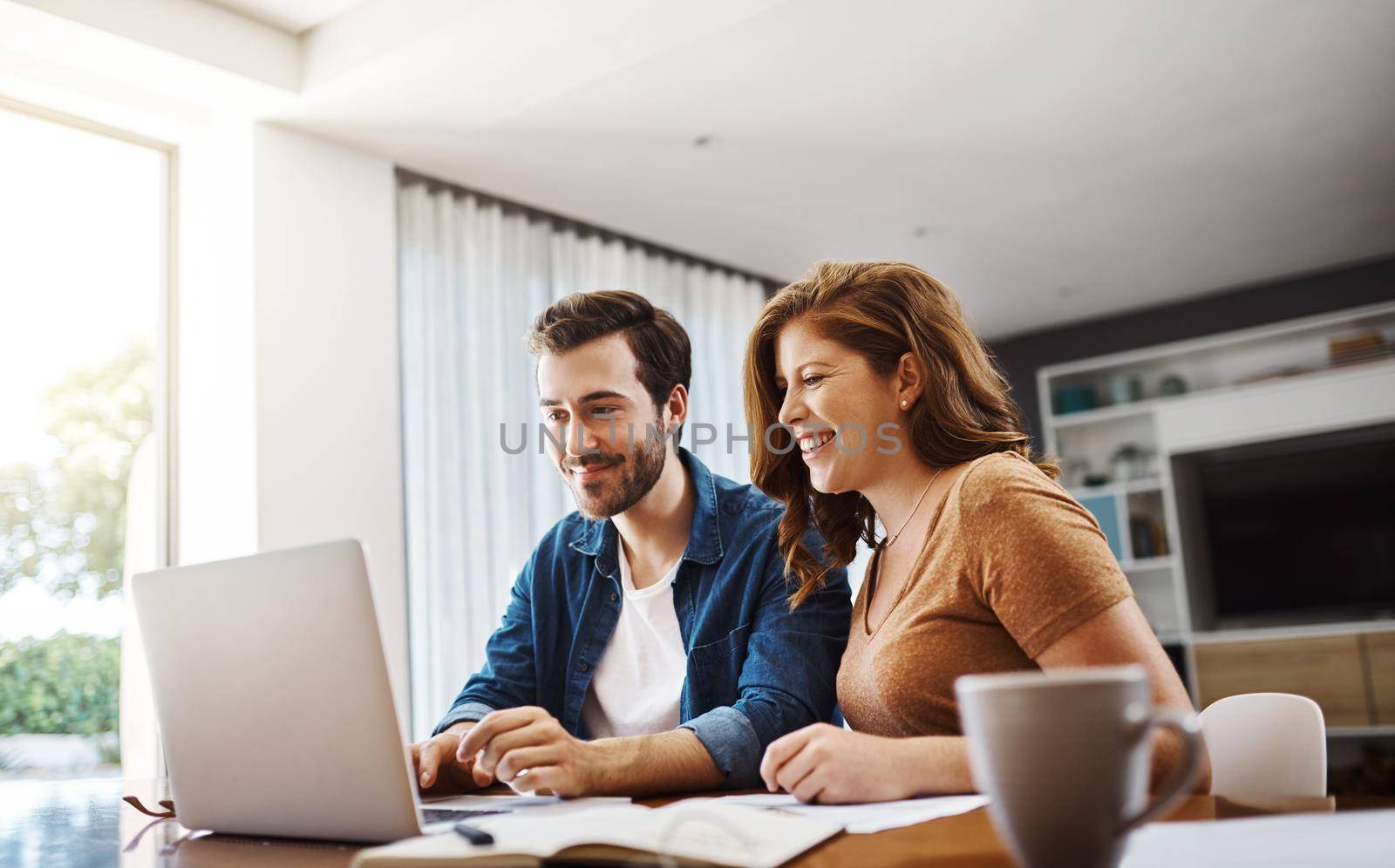 That looks like a great idea, we should try that too. a young couple watching online videos together while doing their monthly budget at home. by YuriArcurs