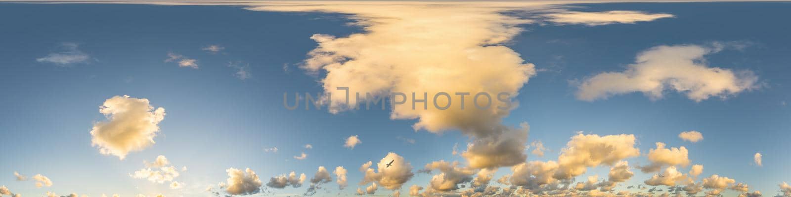 Sky panorama with Cirrus clouds in Seamless spherical equirectangular format. Full zenith for use in 3D graphics, game and editing aerial drone 360 degree panoramas for sky replacement