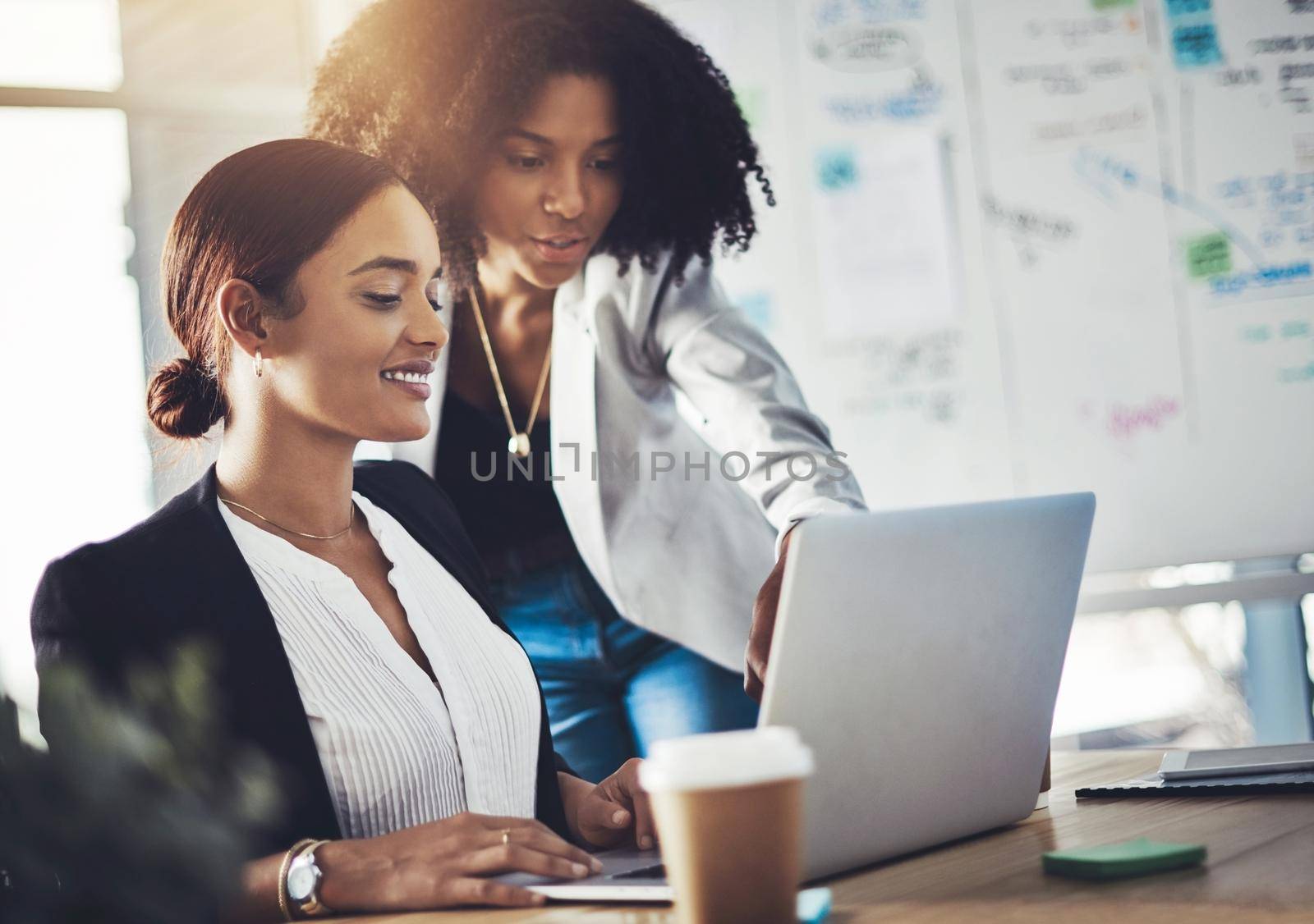 Theyve found tons of new ideas online. two businesswomen working together on a laptop in an office