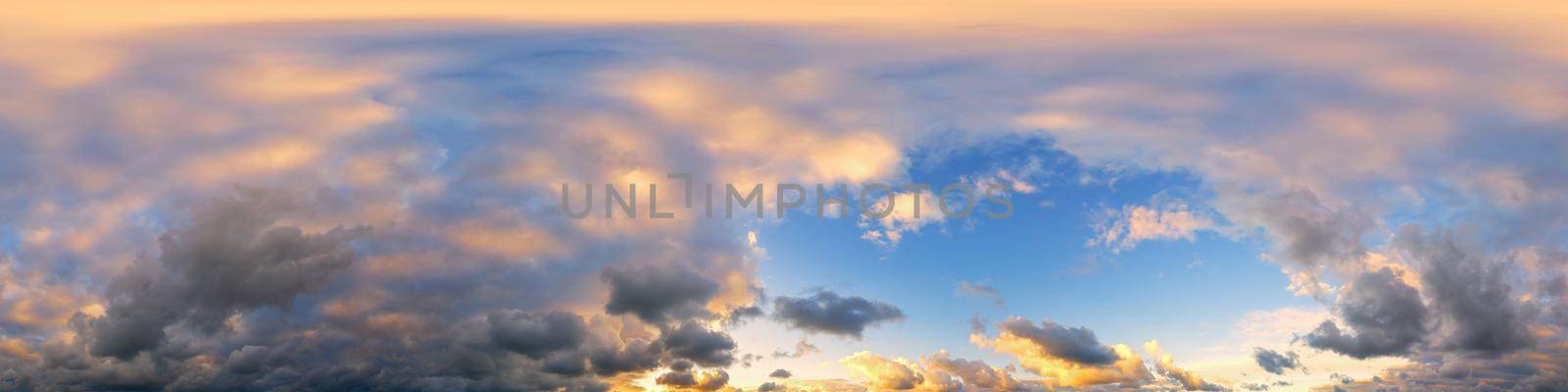 Dramatic sunset sky panorama with Cumulus clouds. Seamless hdr 360 pano in spherical equirectangular format. Complete zenith for 3D visualization, game and sky replacement for aerial drone panoramas by Matiunina