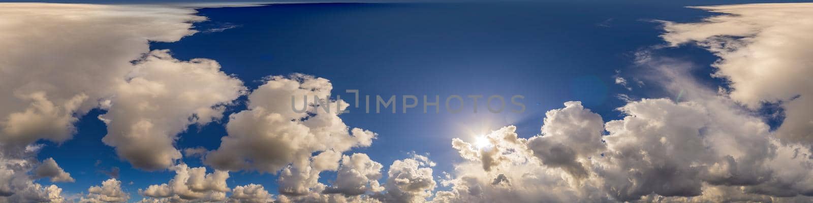 Sky panorama with Cirrus clouds in Seamless spherical equirectangular format. Full zenith for use in 3D graphics, game and editing aerial drone 360 degree panoramas for sky replacement