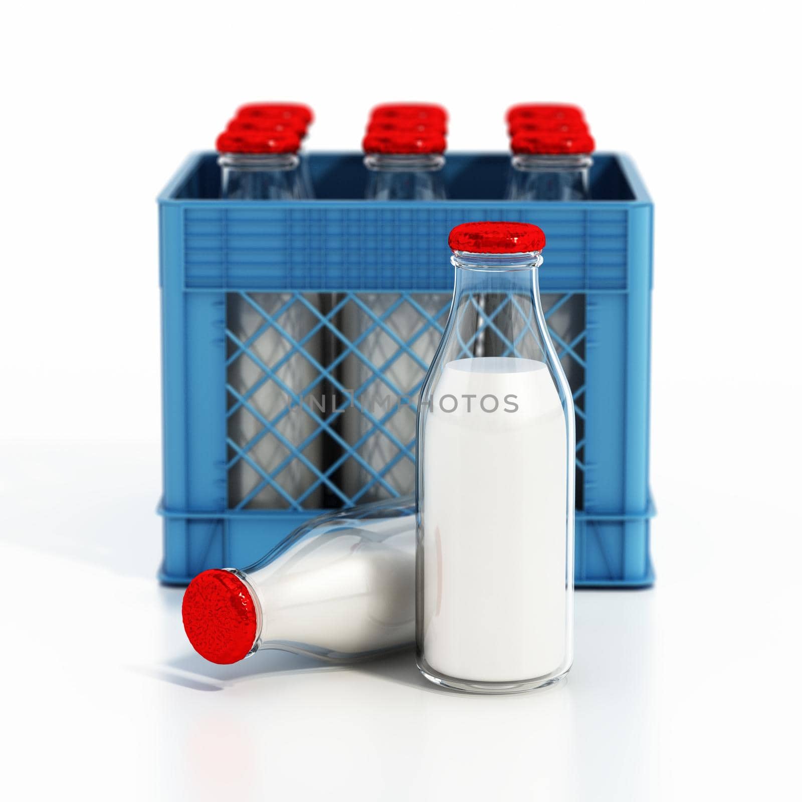 Milk bottles inside plastic crate. 3D illustration by Simsek