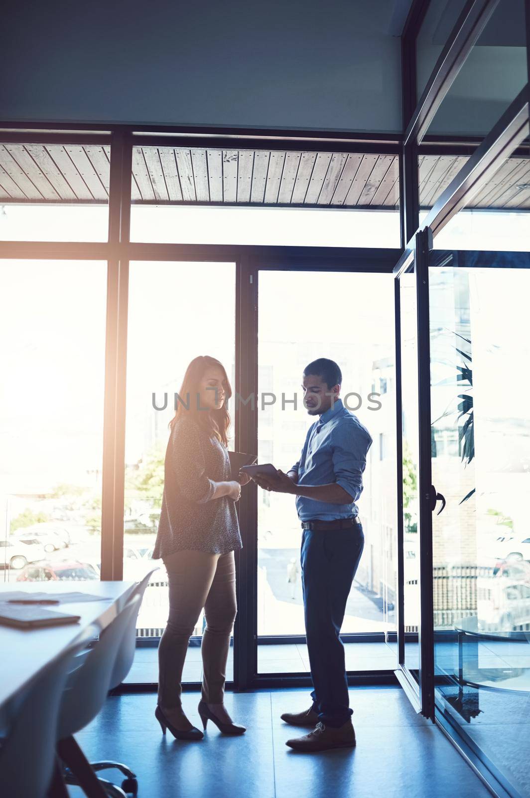 Meeting, planning and strategy in the boardroom with a business man and a professional woman discussing work in the office. Colleagues talking about the mission, vision and growth of their company by YuriArcurs