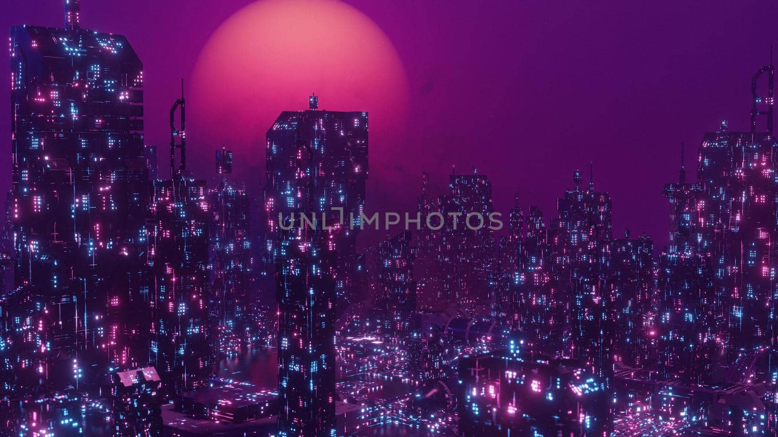 Futuristic City Neon Skyscraper Cyber Punk City Concept Background 3d Render