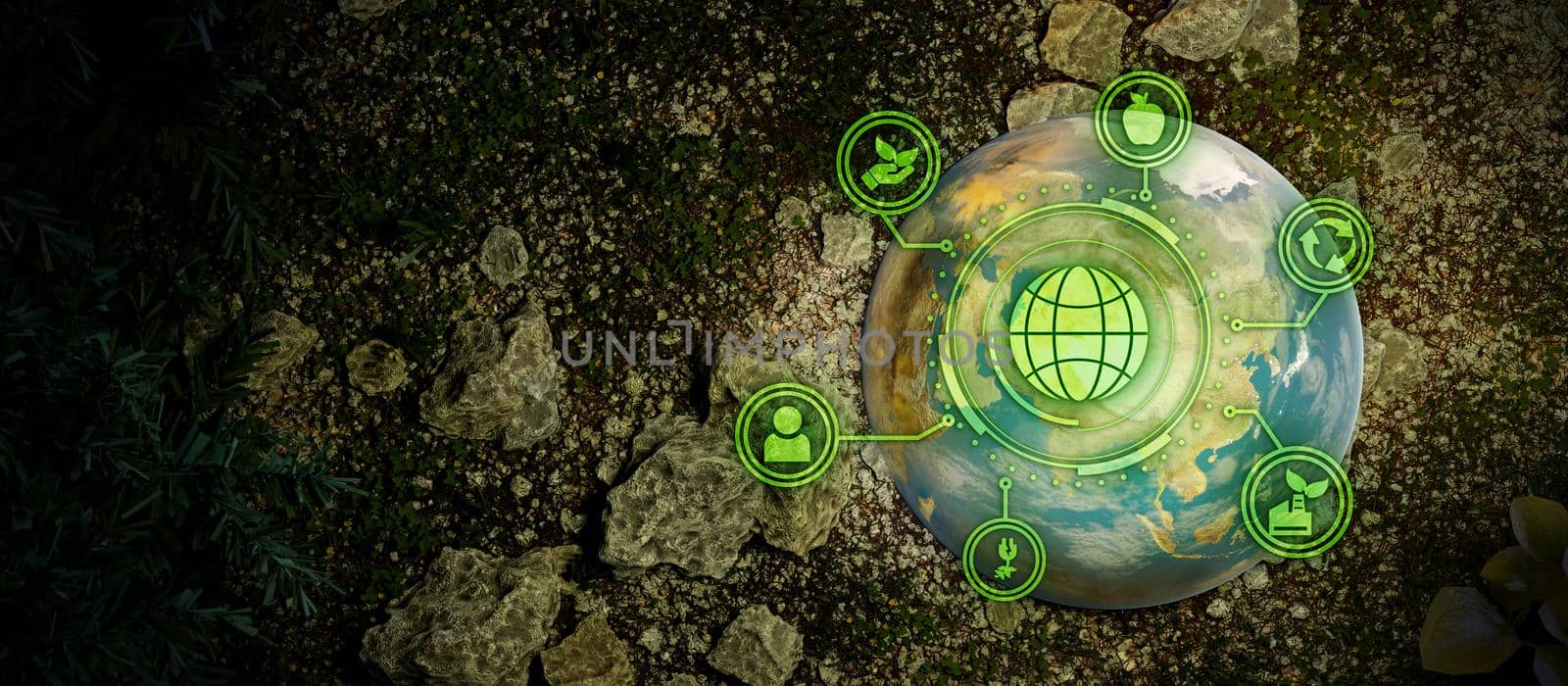 Happy Earth Globe With Network Connection And ESG Icons. Environment Social And Governance In Sustainable And Ethical Business Illustrative Banner Background 3D Render by yay_lmrb