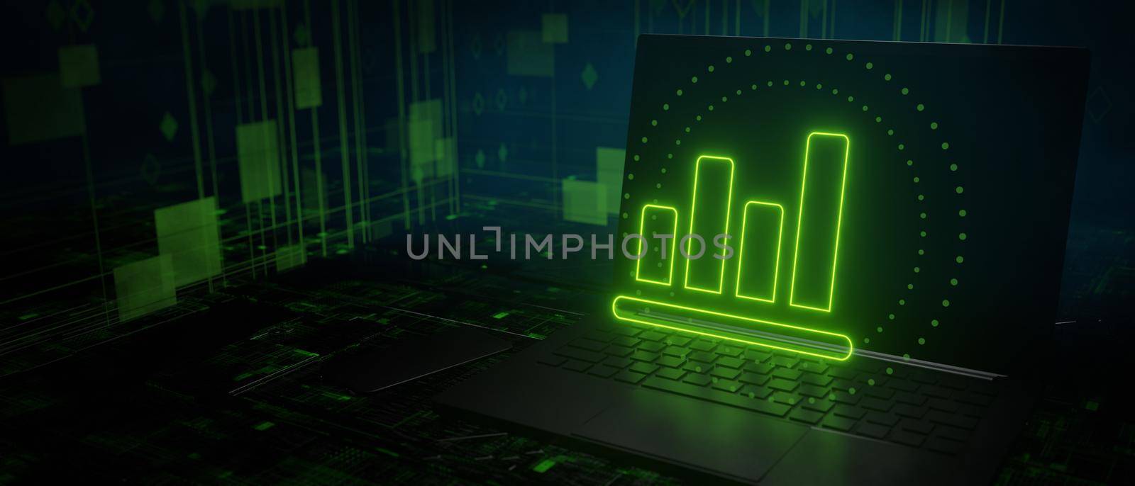 Laptop bar graph. Green graphs laptop screen.3D Render