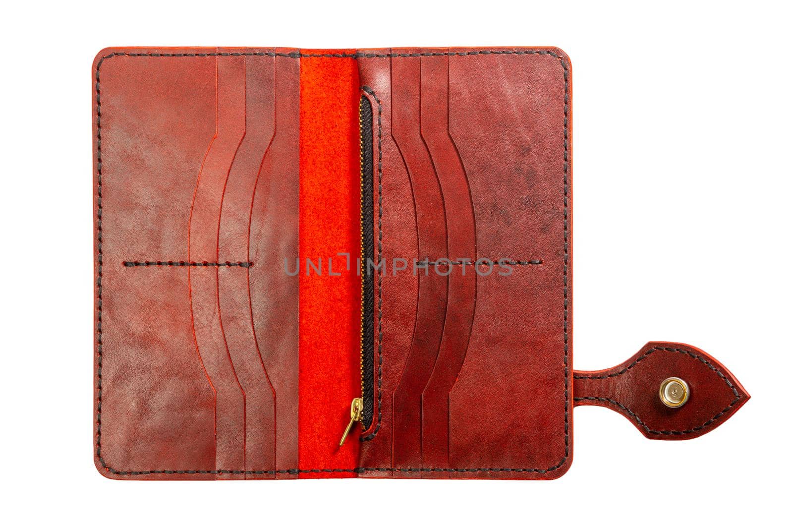 Female brown leather open wallet isolated on a white background.