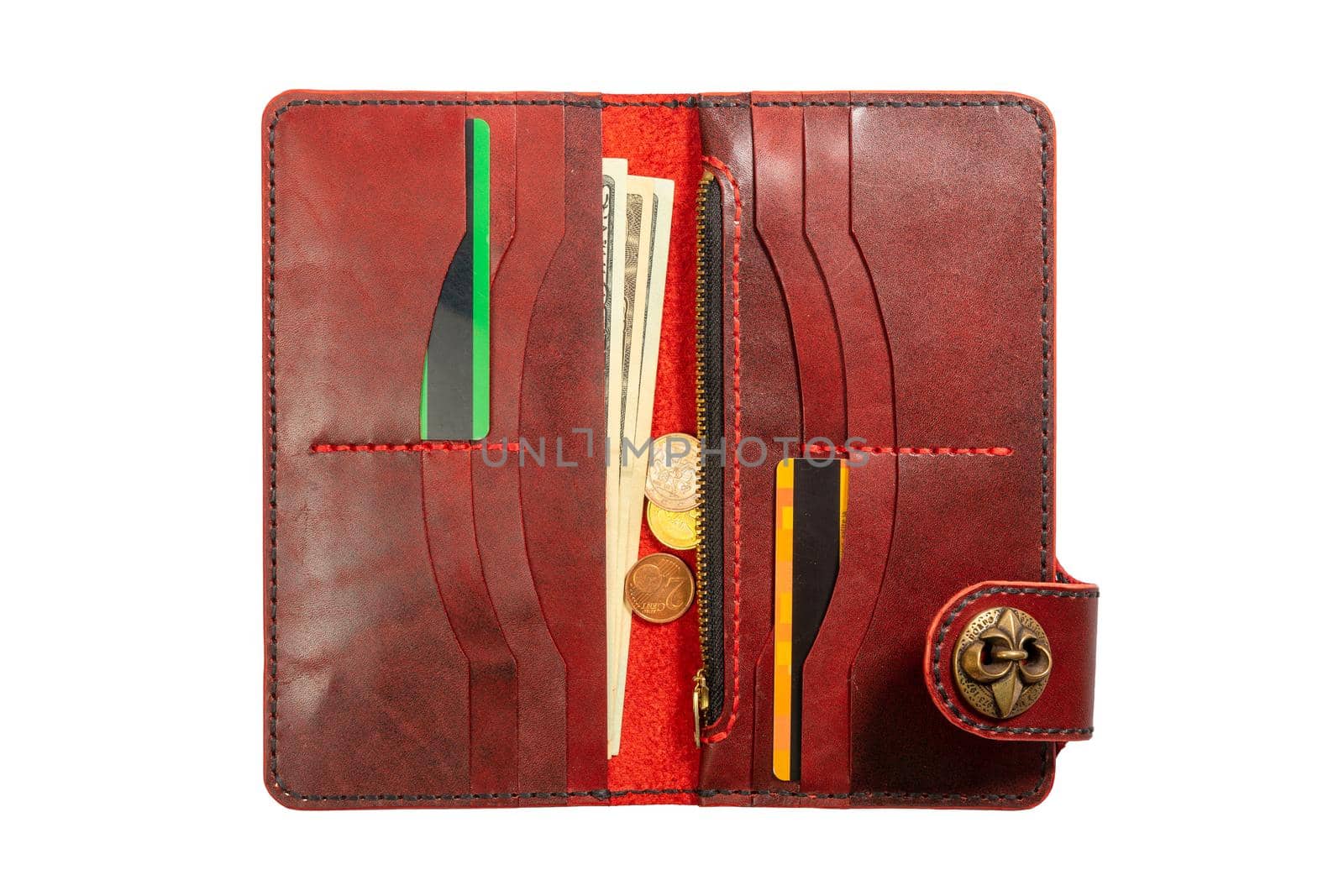 Open red leather clutch with money and credit cards by BY-_-BY