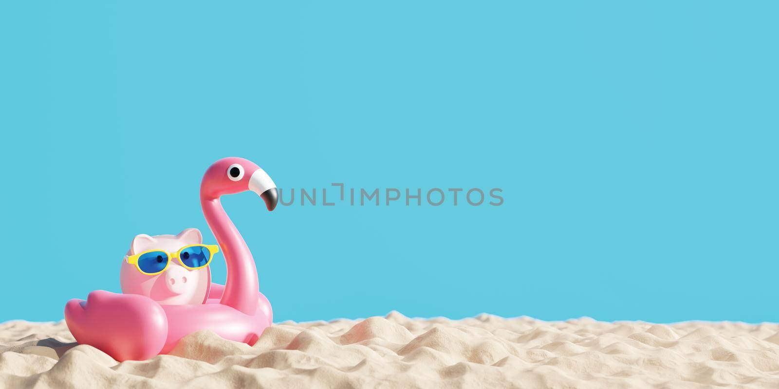 Travel savings concept design of piggy bank with sunglasses and inflatable flamingo on the sand beach Tropical summer 3D render by Myimagine