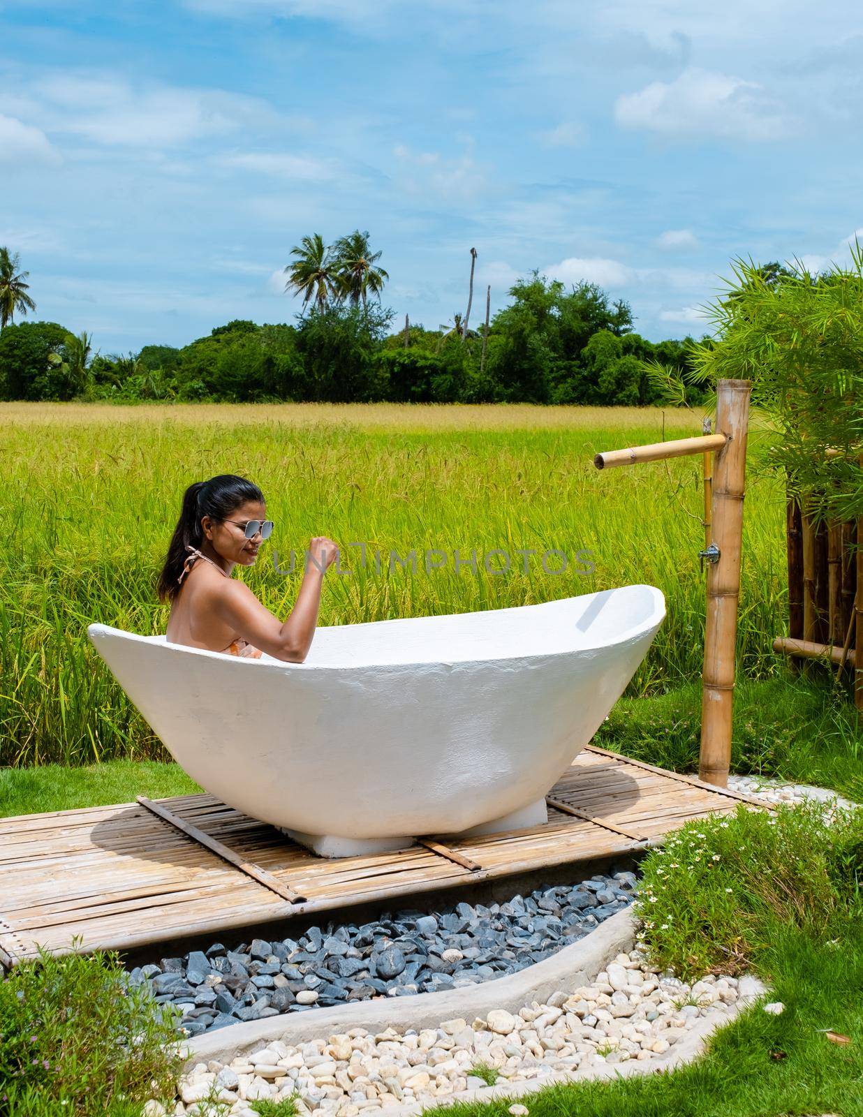 Eco farm homestay with a rice field in central Thailand, paddy field of rice during rain monsoon season in Thailand. Asian woman at a homestay farm in Thailand, woman taking a bath outside