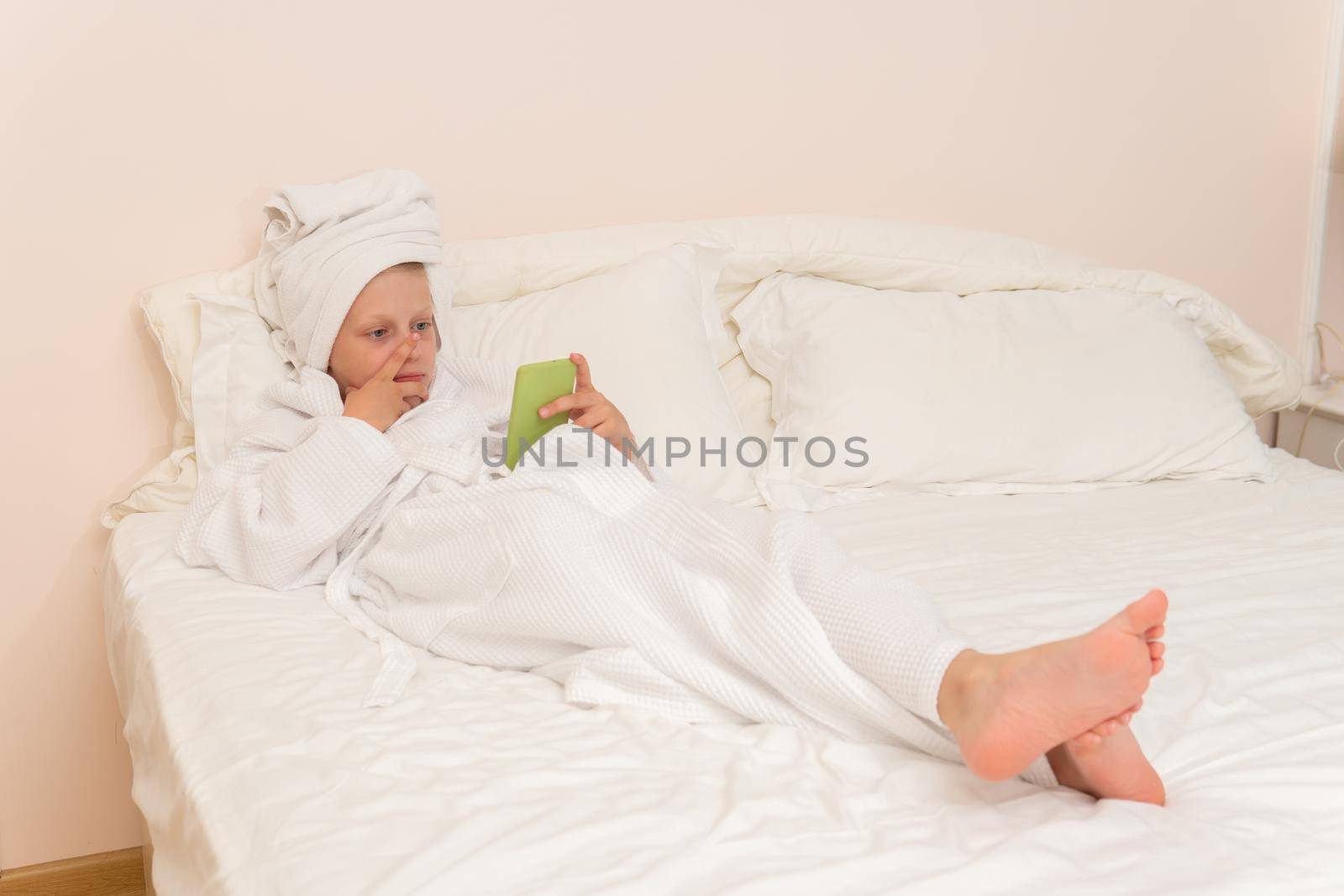 Bathrobe white cute cell girl portrait hygiene morning smile lifestyle, from hotel bath in skin and gown little, baby care. Hair kid wellness,