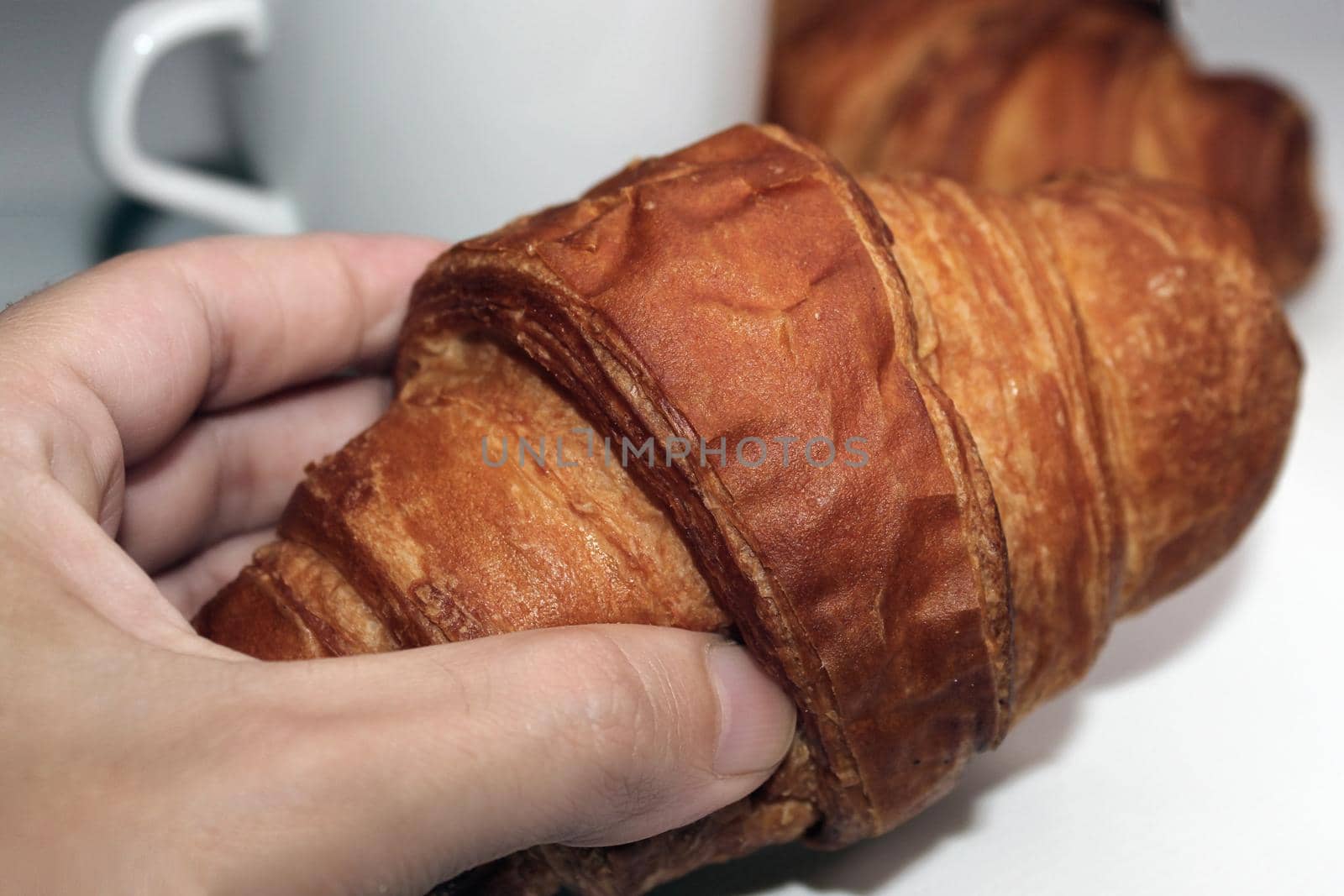 Fresh crispy croissant close-up in hand. Blurred light background. Cooking, home baking.