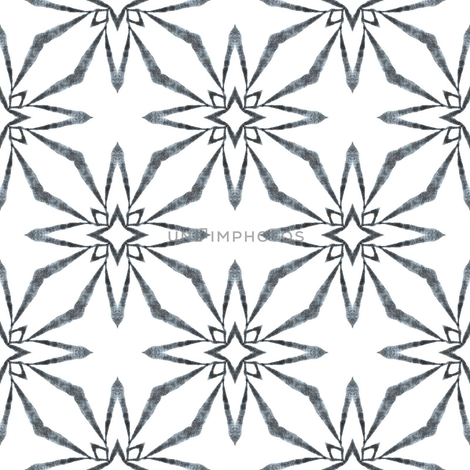 Tiled watercolor background. Black and white indelible boho chic summer design. Hand painted tiled watercolor border. Textile ready pleasing print, swimwear fabric, wallpaper, wrapping.
