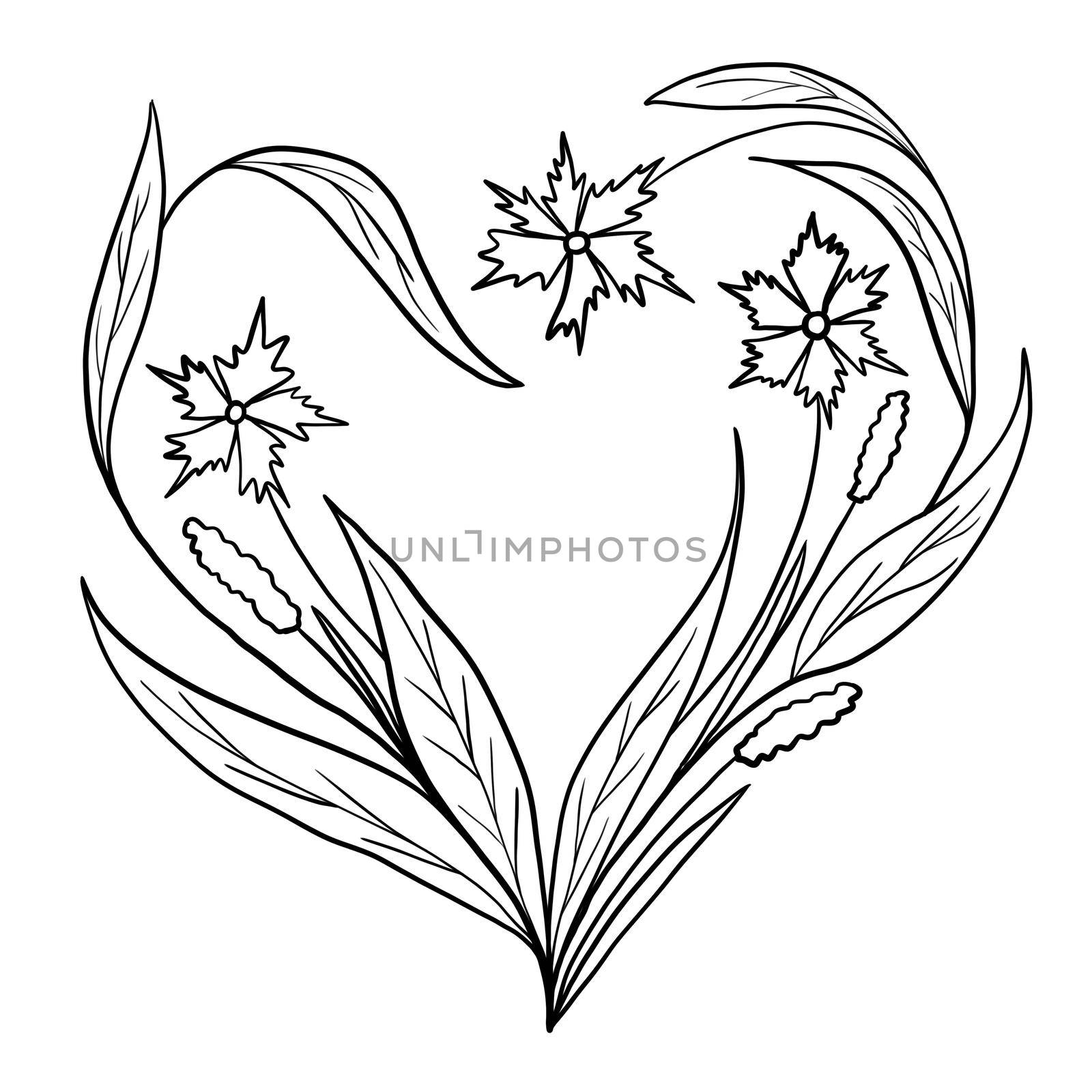 Hand drawn floral flower leaves heart illustration, black white elegant wedding ornament, Line art minimalism tatoo style design summer spring nature branch foliage blossom. by Lagmar