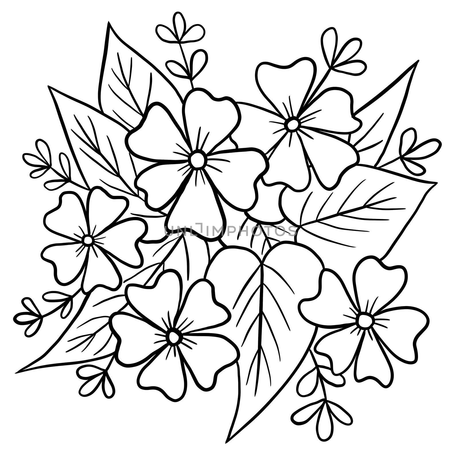 Hand drawn floral flower leaves illustration, black white elegant wedding ornament, Line art minimalism tatoo style design summer spring nature branch foliage blossom. by Lagmar