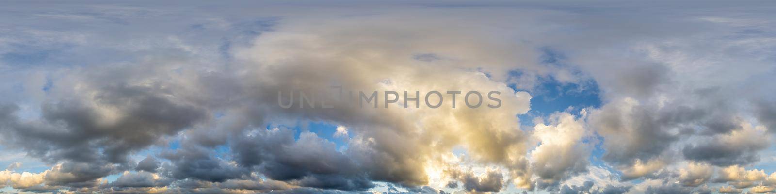 Dark blue twilight sky panorama with Cumulus clouds. Seamless hdr 360 panorama in spherical equiangular format. Full zenith or sky dome for 3D visualization, sky replacement for aerial drone panoramas