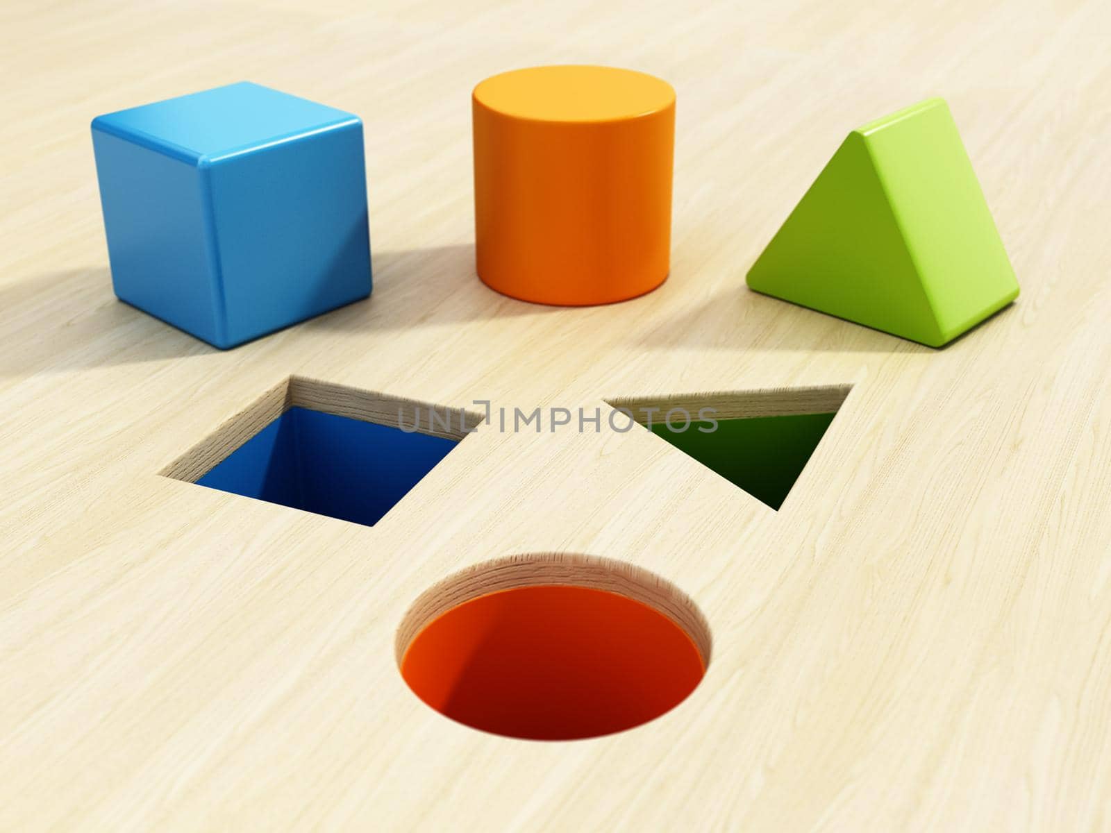 Shape sorter puzzle toy with square, circle and triangle shapes. 3D illustration.