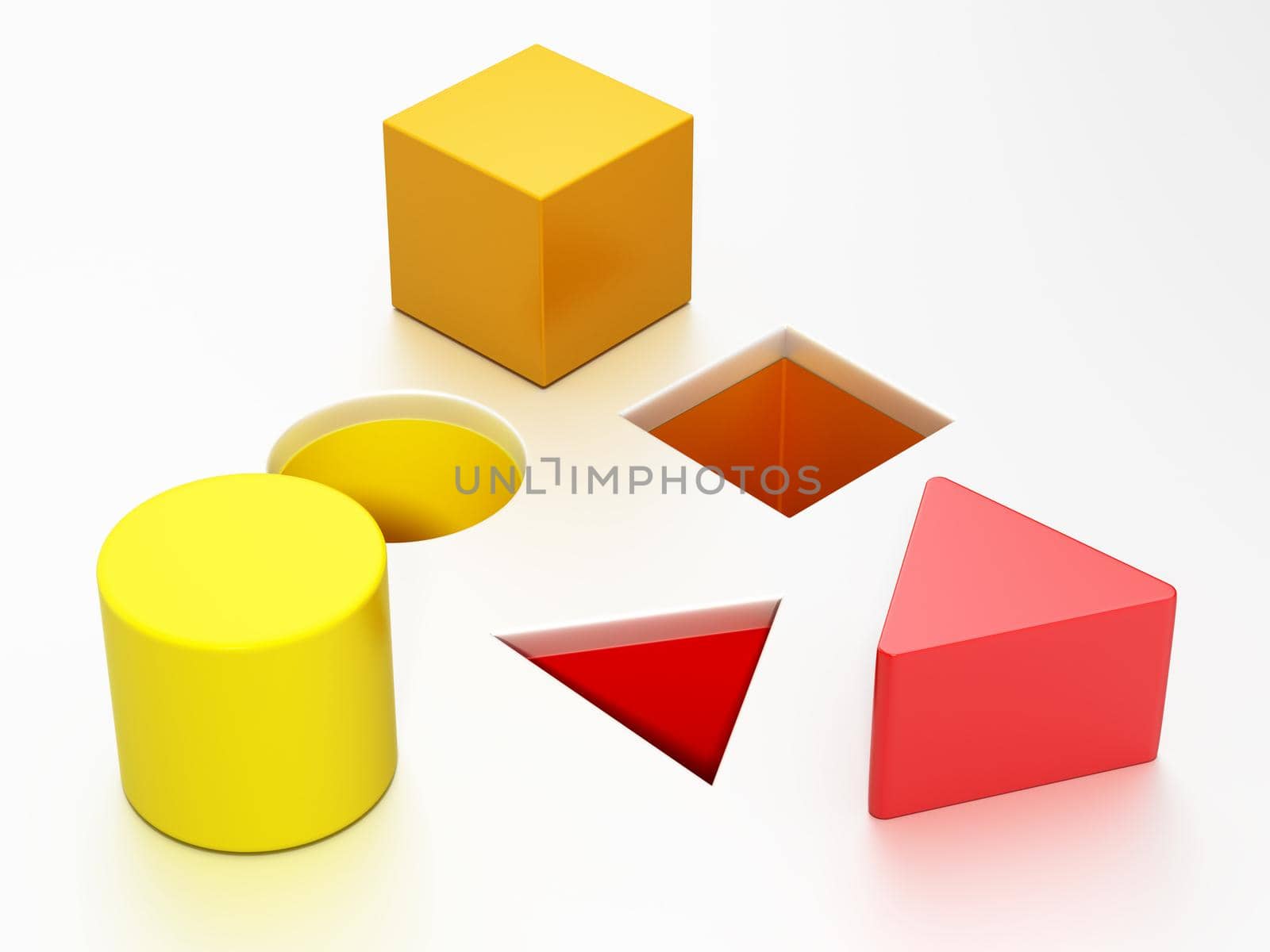 Shape sorter puzzle toy with square, circle and triangle shapes. 3D illustration by Simsek