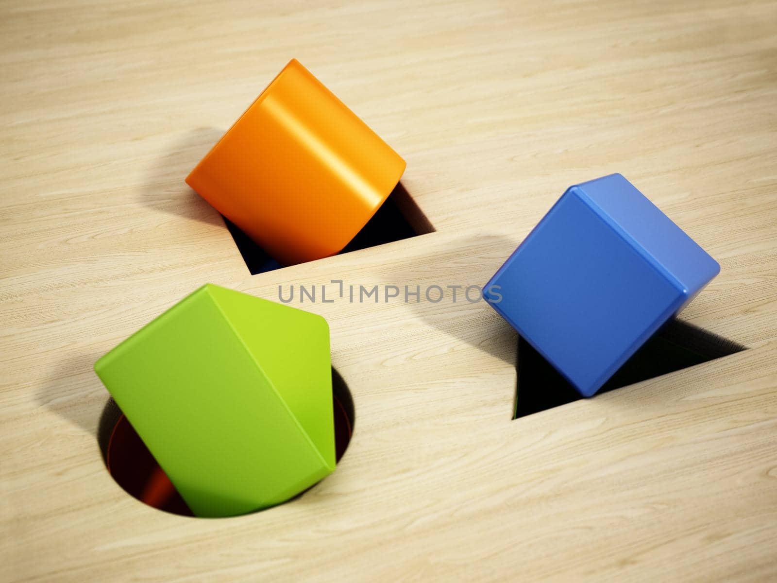 Shape sorter puzzle toy with square, circle and triangle shapes inside wrong places. 3D illustration.