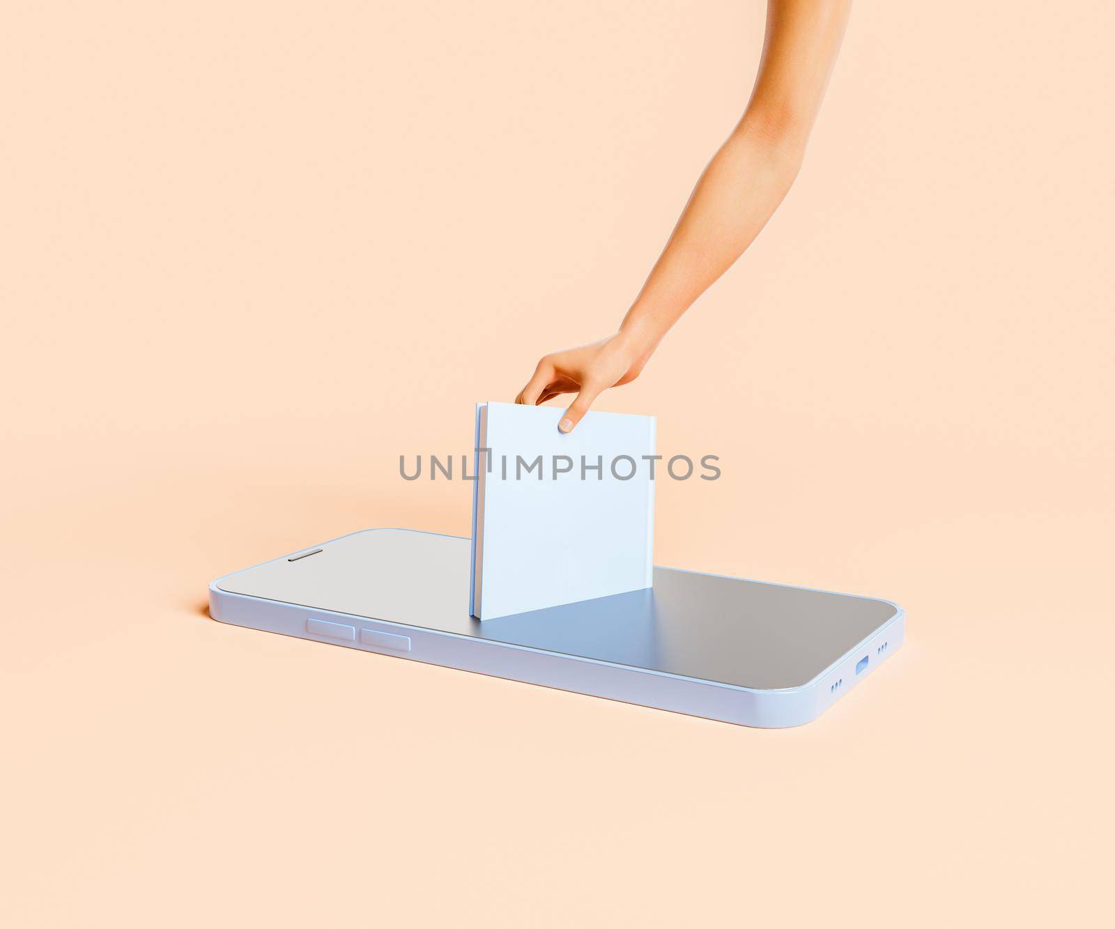 3D rendering of crop woman putting textbook on smartphone by asolano