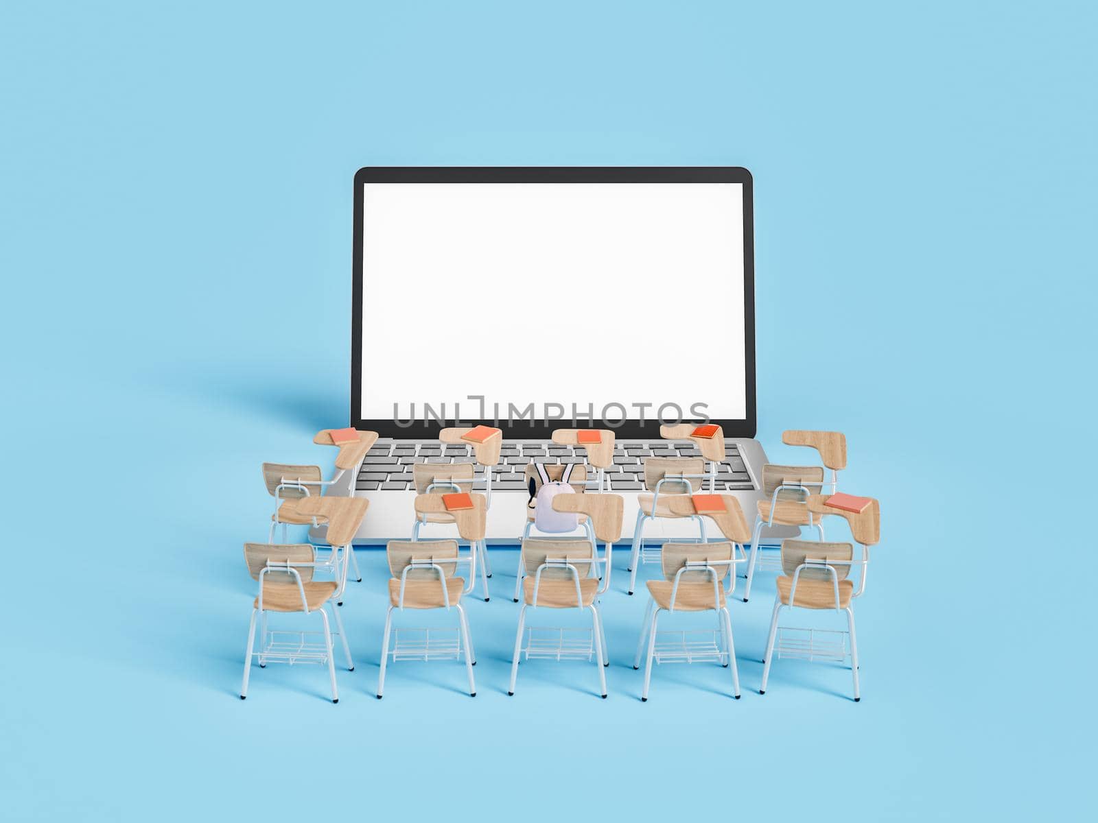 3D laptop near rows of chairs against blue background by asolano