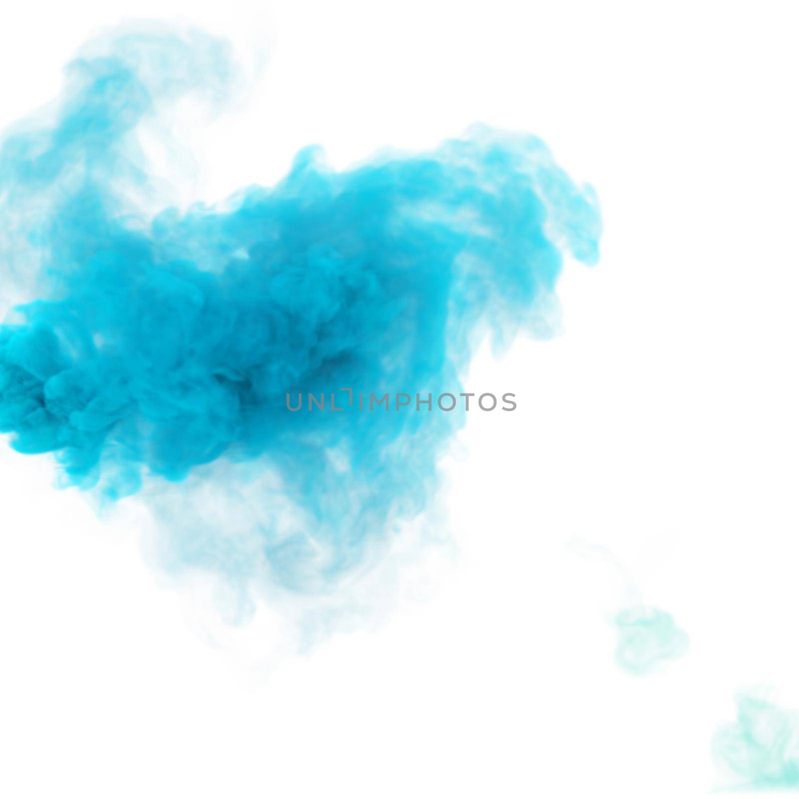 Light blue plume of smoke. 3D render abstract marine blue fog texture on a white background for fest and fan party decoration