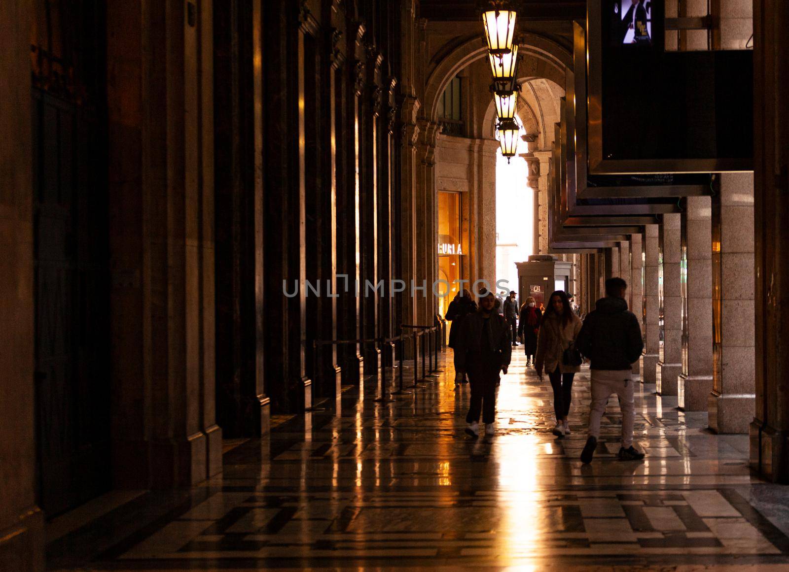 Milan, Italy - January 23, 2022: Colonnade of Corso Vittorio Emanuele II on January 23, 2022