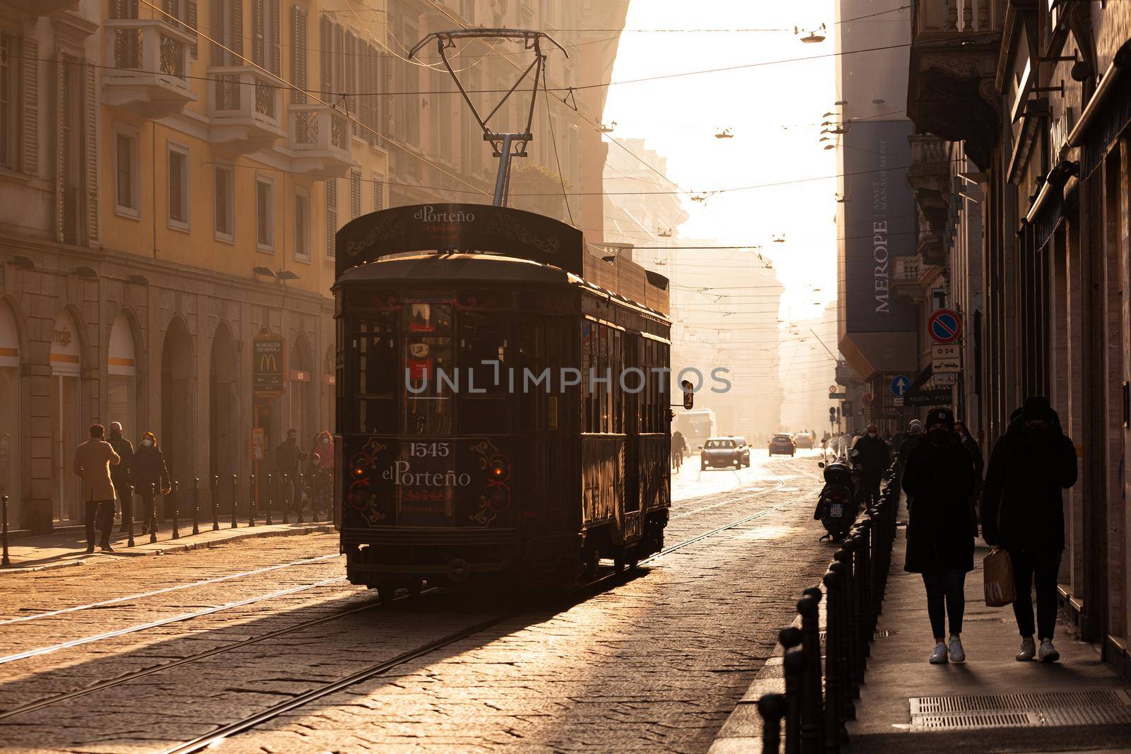 Milan, Italy - January 23, 2022: Old vintage tram on the street on January 23, 2022