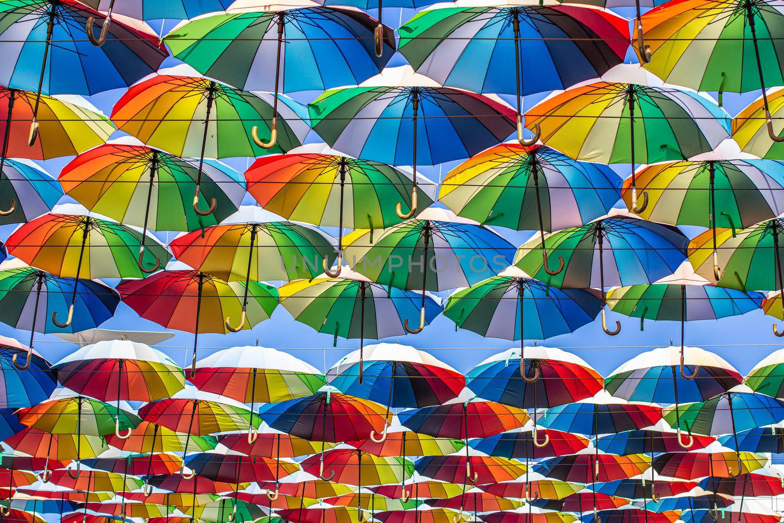 Colorful umbrellas Blue, green, red, rainbow umbrellas background Street with umbrellasin the sky