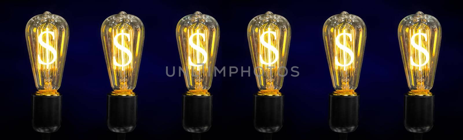 The sign of the world currency is inside of the retro lamps.